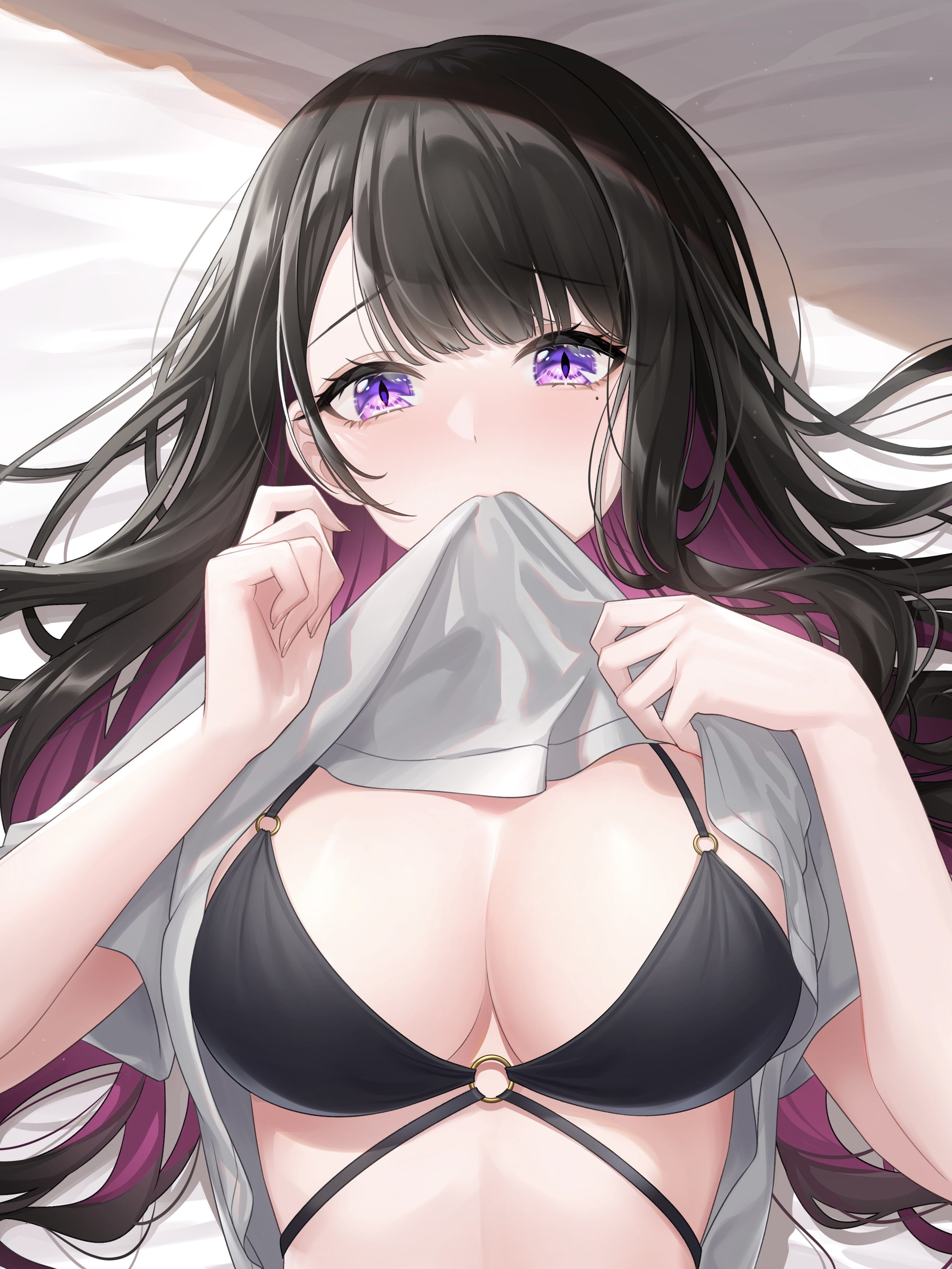 koinoya mai, propro production, absurdres, artist request, highres, second-party source, 1girl, bikini, black bikini, black hair, breasts, cleavage, colored inner hair, eyelashes, long hair, lying, mole, mole under eye, mouth hold, multicolored hair, o-ring, o-ring bikini, on back, purple eyes, purple hair, shirt, slit pupils, solo, swimsuit, upper body, virtual youtuber, white shirt