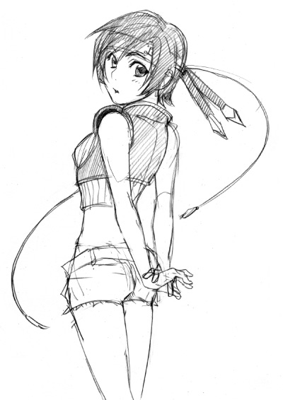 hariyama haru, yuffie kisaragi, final fantasy, final fantasy vii, 1990s (style), 1girl, back, bare shoulders, female focus, greyscale, headband, looking back, midriff, monochrome, retro artstyle, shorts, simple background, sketch, sleeveless, sleeveless turtleneck, solo, turtleneck