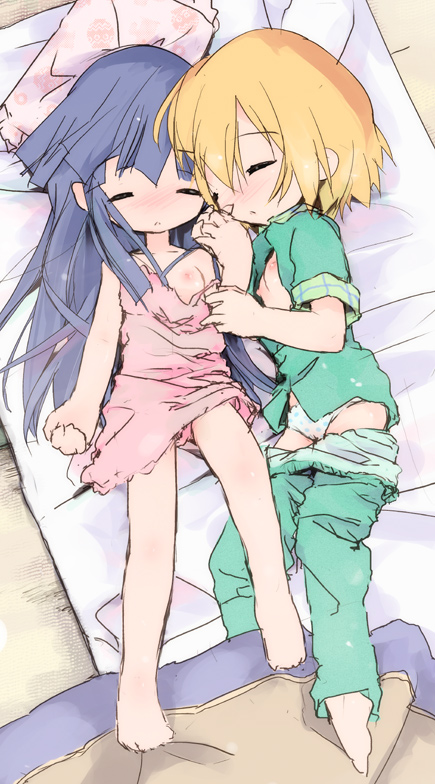 ryukishi07, furude rika, houjou satoko, higurashi no naku koro ni, no naku koro ni (series), artist request, 00s, 2girls, blanket, blonde hair, blue hair, closed eyes, clothes pull, flat chest, futon, hug, loli, long hair, multiple girls, nipples, pajamas, panties, pants, pants pull, pillow, short hair, sleeping, underwear, yuri