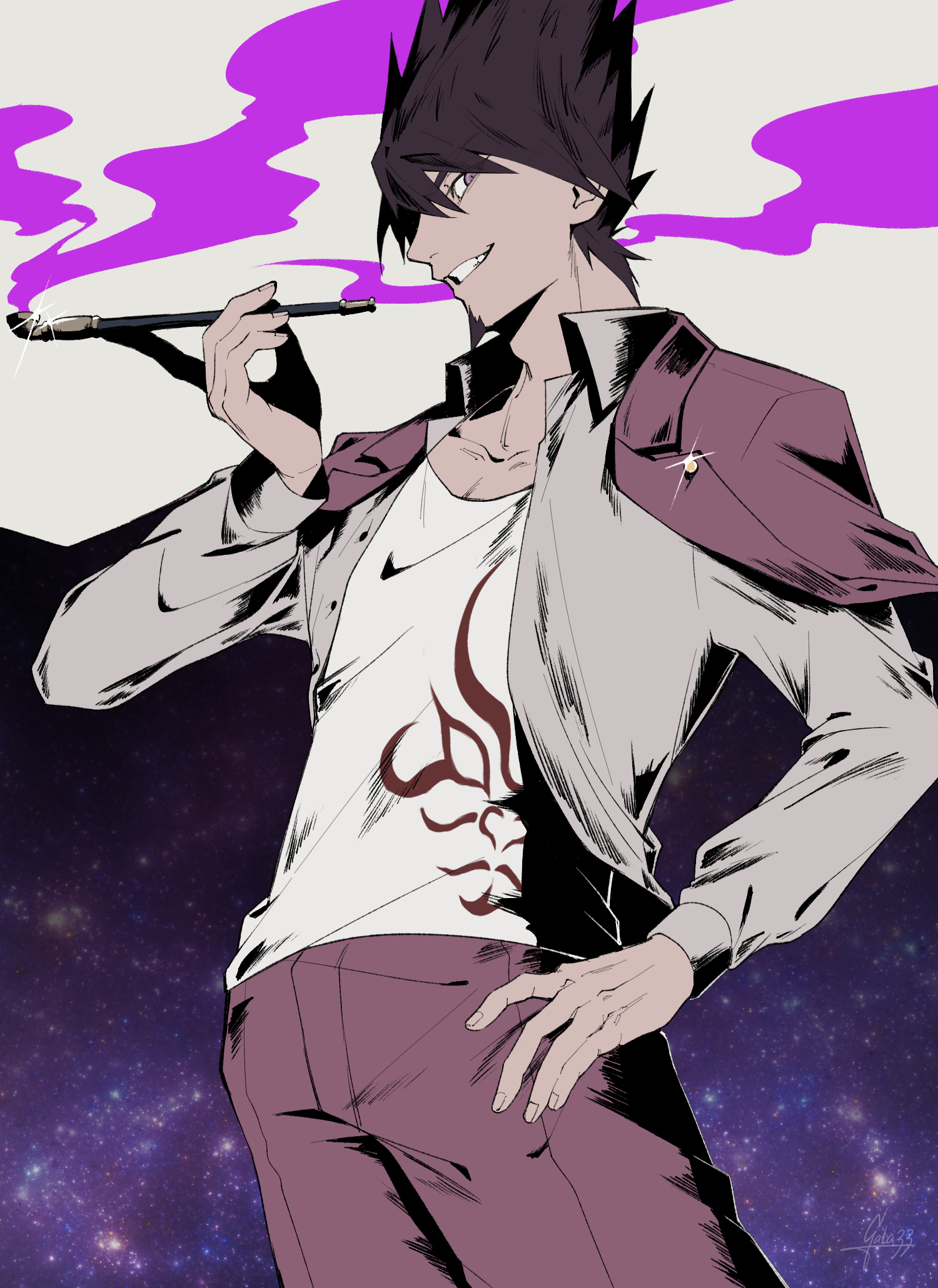 gaba33, momota kaito, danganronpa (series), danganronpa v3: killing harmony, commentary request, highres, 1boy, anime coloring, coat, coat on shoulders, collarbone, collared coat, collared jacket, cowboy shot, denim, facial hair, fingernails, flame print, glint, goatee, grey background, grey jacket, grin, hair between eyes, hand on own hip, happy, holding, holding smoking pipe, jacket, jeans, lapel pin, lapels, long sleeves, looking at viewer, male focus, nostrils, notched lapels, open clothes, open jacket, pants, pectoral cleavage, pectorals, pointy nose, print shirt, purple coat, purple eyes, purple hair, purple pants, shirt, short hair, smile, smoke, smoking pipe, solo, space print, spiked hair, standing, starry sky print, tan, two-sided coat, two-sided fabric, white shirt