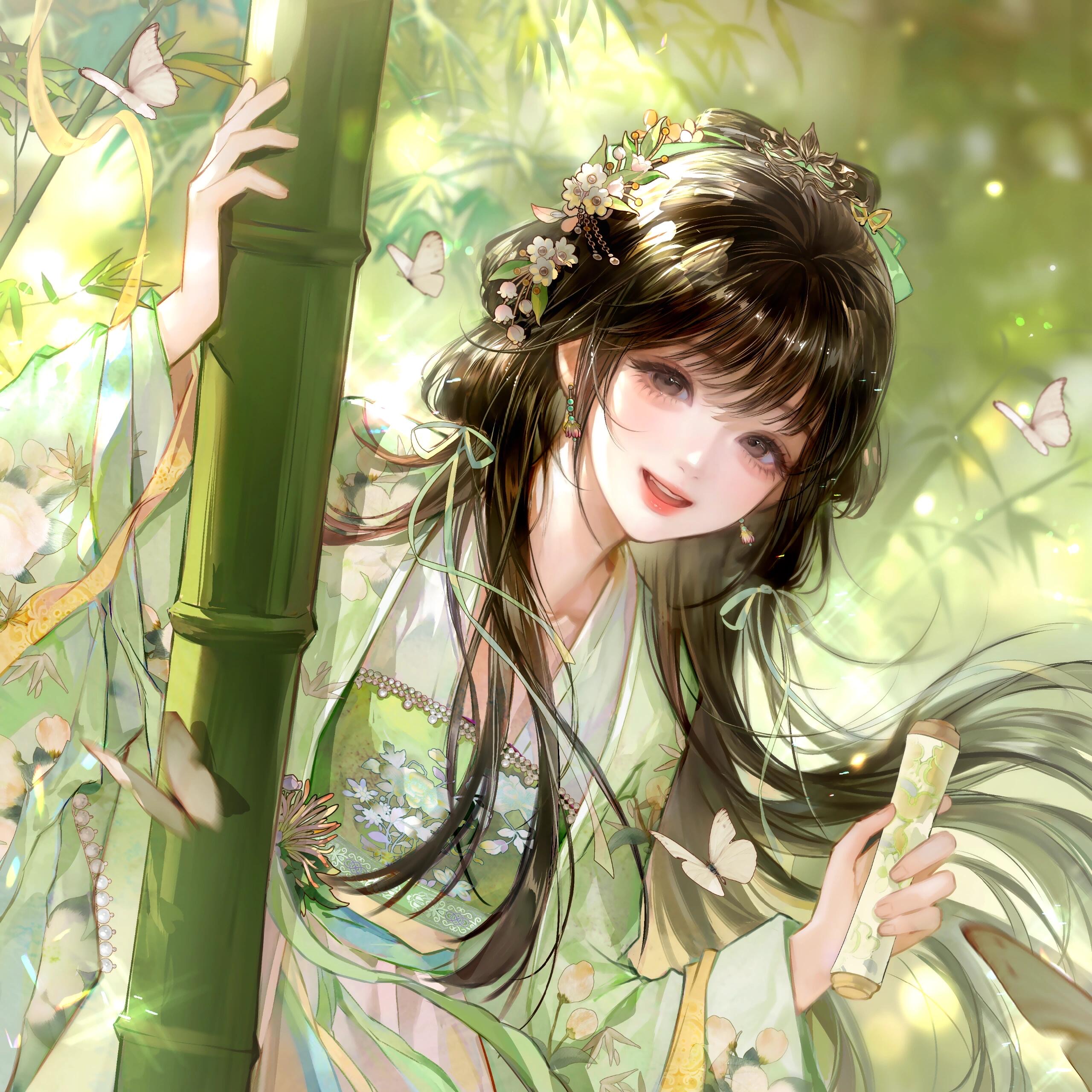 yamabuwu, original, absurdres, highres, large variant set, variant set, 1girl, bamboo, bamboo forest, black hair, brown hair, bug, butterfly, chinese clothes, dress, earrings, flower, forest, green dress, hair flower, hair ornament, hanfu, holding, insect, jewelry, long hair, long sleeves, nature, open mouth, ribbon, smile, solo, teeth, upper body