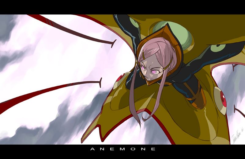 tobias kwan, tobiee, anemone (eureka seven), theend, eureka seven, eureka seven (series), 00s, 1girl, bodysuit, cloud, cockpit, female focus, glowing, glowing eyes, hair ornament, hairclip, letterboxed, pink hair, purple eyes, sky, smirk, solo