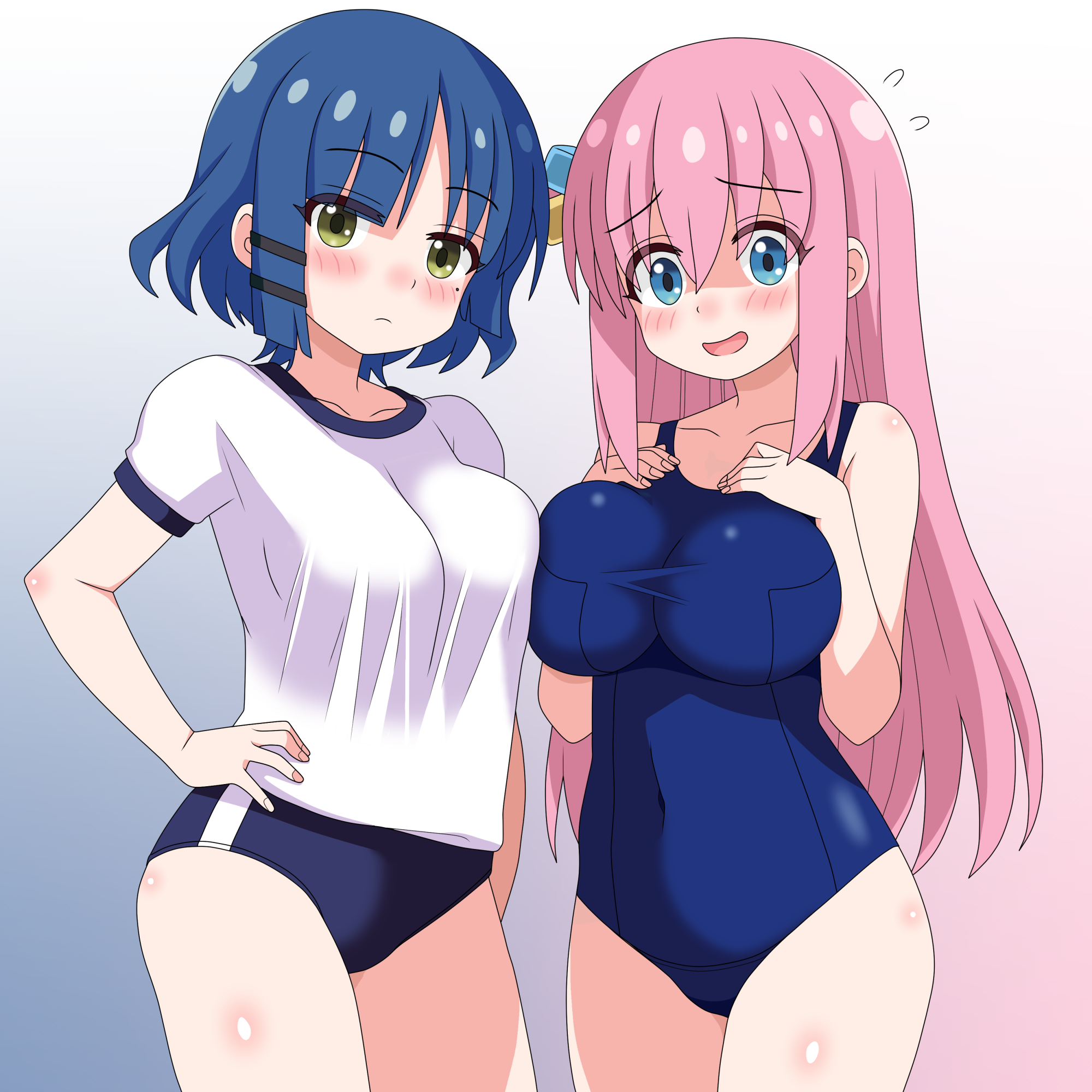 sakuzo, bulma, gotoh hitori, yamada ryo, bocchi the rock!, commentary, highres, 2025, 2girls, alternate breast size (larger), asymmetrical docking, blue eyes, blue hair, blush, breast press, breasts, buruma, closed mouth, cube hair ornament, green eyes, gym uniform, hair between eyes, hair ornament, large breasts, long hair, looking at viewer, multiple girls, open mouth, pink hair, school swimsuit, shirt, short hair, simple background, swimsuit, white shirt