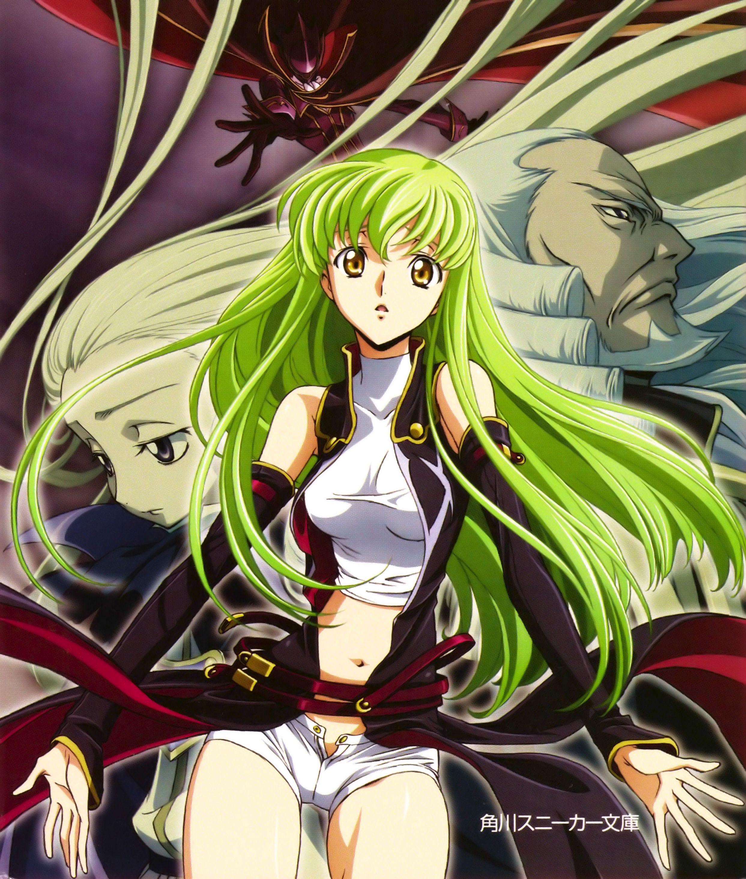 kimura takahiro, c.c., charles zi britannia, lelouch vi britannia, v.v., zero (code geass), code geass, absurdres, highres, official art, scan, 00s, 1girl, 3boys, midriff, multiple boys
