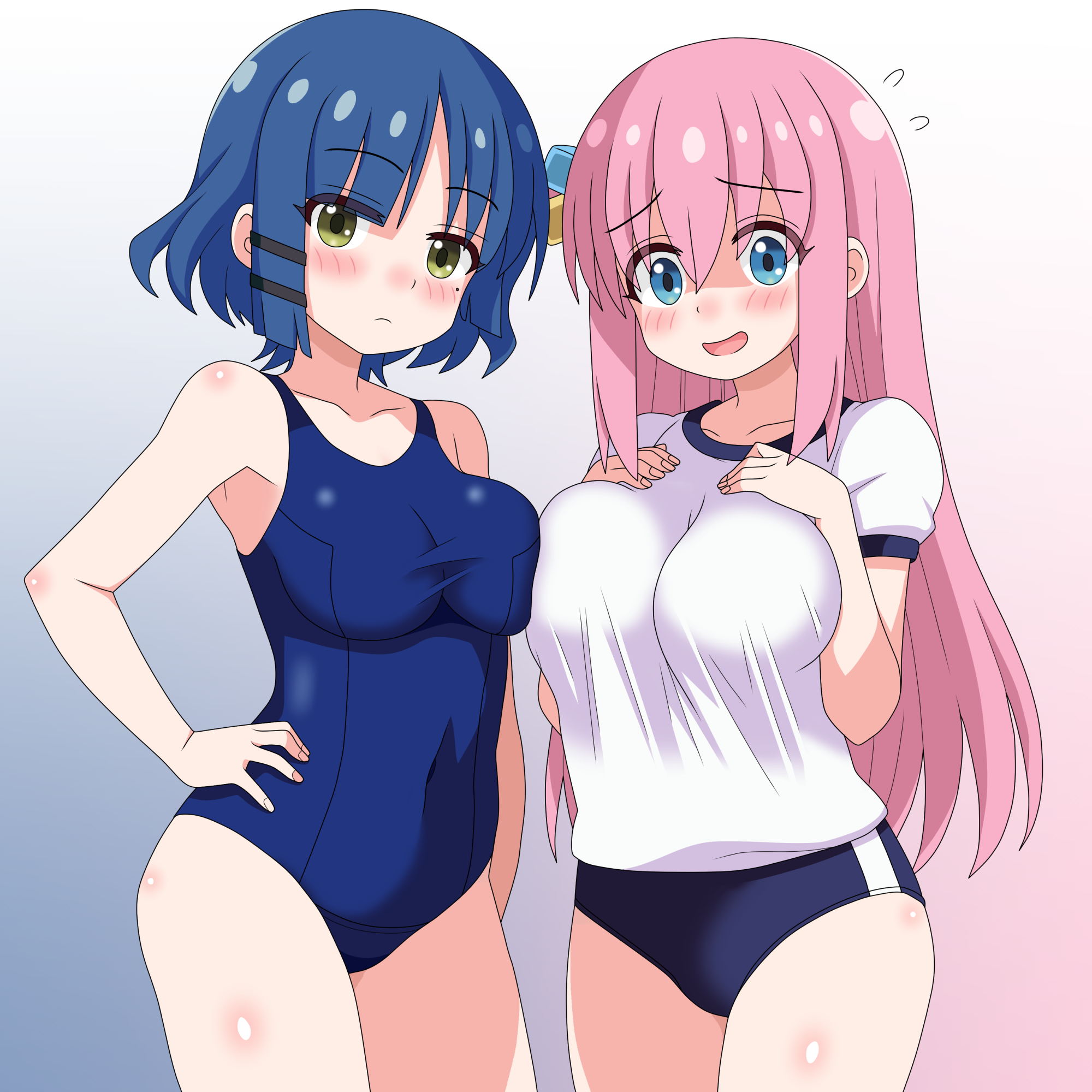 sakuzo, bulma, gotoh hitori, yamada ryo, bocchi the rock!, commentary, highres, 2025, 2girls, alternate breast size (larger), asymmetrical docking, blue eyes, blue hair, blush, breast press, breasts, buruma, closed mouth, cube hair ornament, green eyes, gym uniform, hair between eyes, hair ornament, large breasts, long hair, looking at viewer, multiple girls, open mouth, pink hair, school swimsuit, shirt, short hair, simple background, swimsuit, white shirt