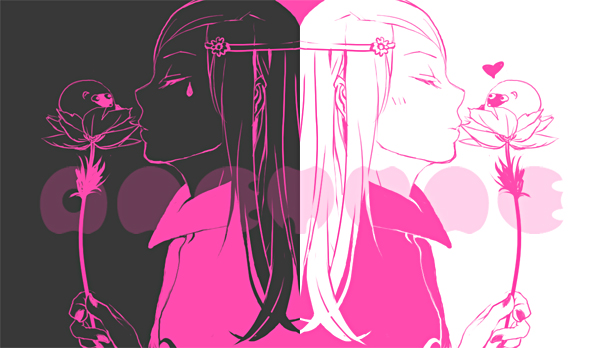 anemone (eureka seven), gulliver (eureka seven), eureka seven, eureka seven (series), 00s, 1girl, back-to-back, black vs white, closed eyes, dual persona, female focus, flower, hair ornament, hairclip, heart, kiss, monochrome, pink theme, solo, tears