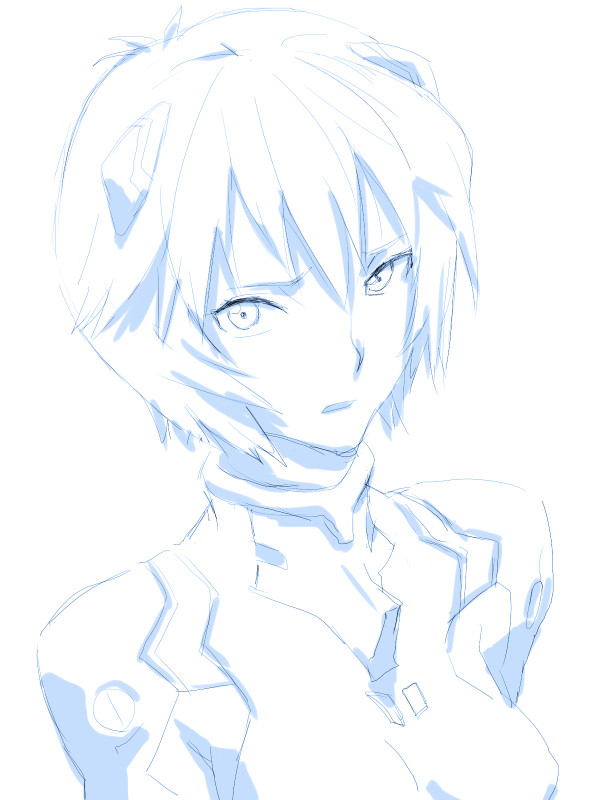 baariya, ayanami rei, neon genesis evangelion, 1girl, blue theme, female focus, mecha pilot suit, monochrome, plugsuit (evangelion), short hair, solo