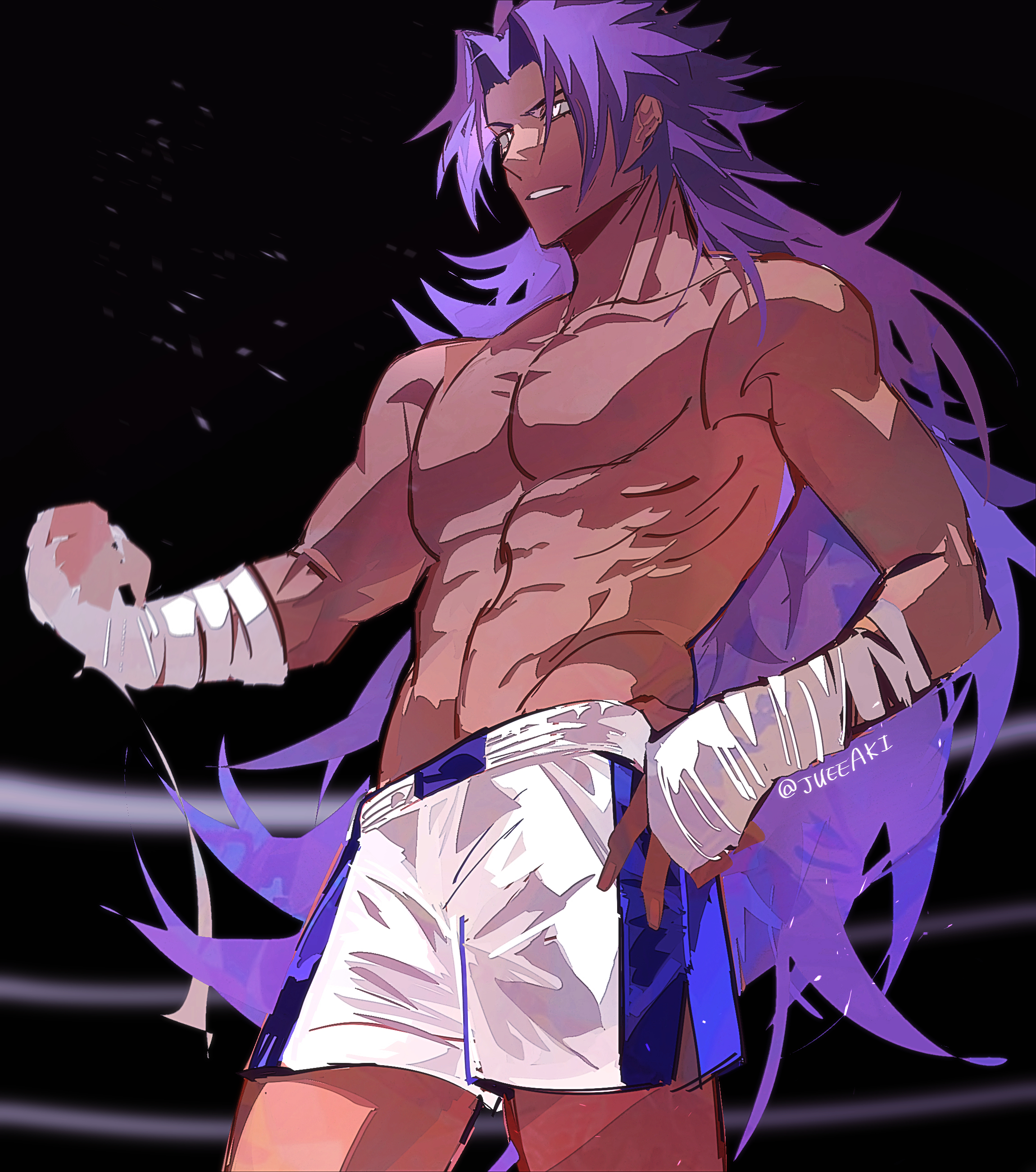 eeju, bhima (fate), fate/grand order, fate (series), absurdres, highres, 1boy, bandaged hand, bandages, black background, boxing ring, dark skin, male focus, muscular, muscular male, parted lips, pectorals, purple hair, shorts, solo, topless male, white shorts, yellow eyes