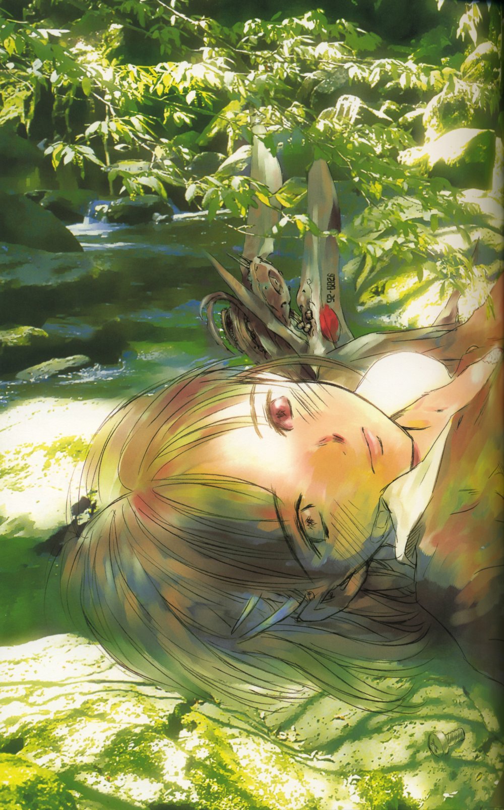 takahashi shin, chise, chise (saishuu heiki kanojo), saishuu heiki kanojo, artbook, highres, scan, 00s, blush, brown hair, day, hair ornament, hairclip, hairpin, leaf, lying, mecha musume, nature, outdoors, short hair, solo, water
