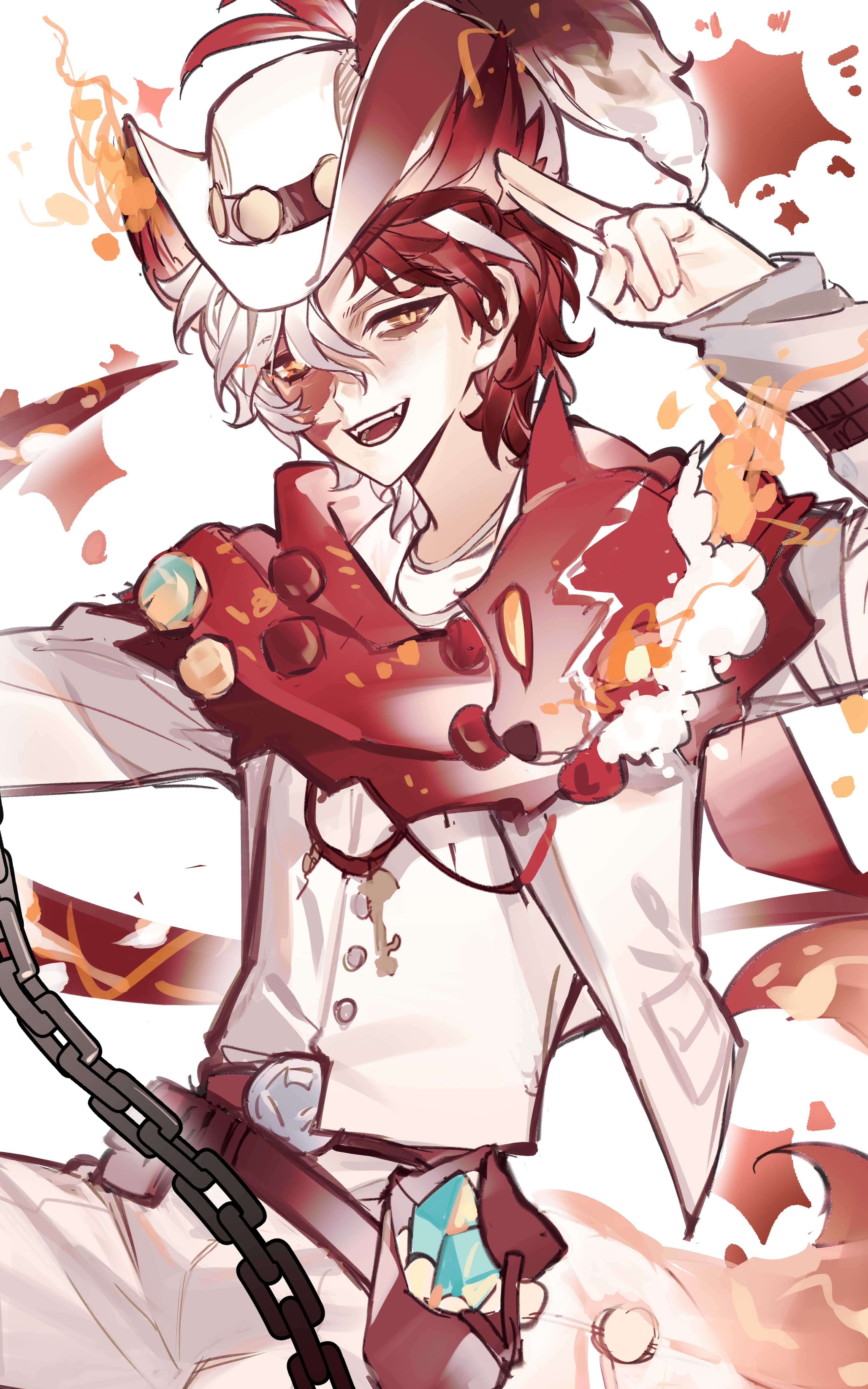 florian brand, florian brand (spirit fox), identity v, absurdres, highres, 1boy, :d, bag, chain, fangs, fire, hat, hat feather, looking at viewer, male focus, multicolored eyes, multicolored hair, open mouth, orange eyes, red hair, red scarf, salute, satchel, scar, scar on face, scarf, shirt, smile, split-color hair, two-finger salute, white hair, white hat, white shirt, xinjinjumin136366469206, yellow eyes