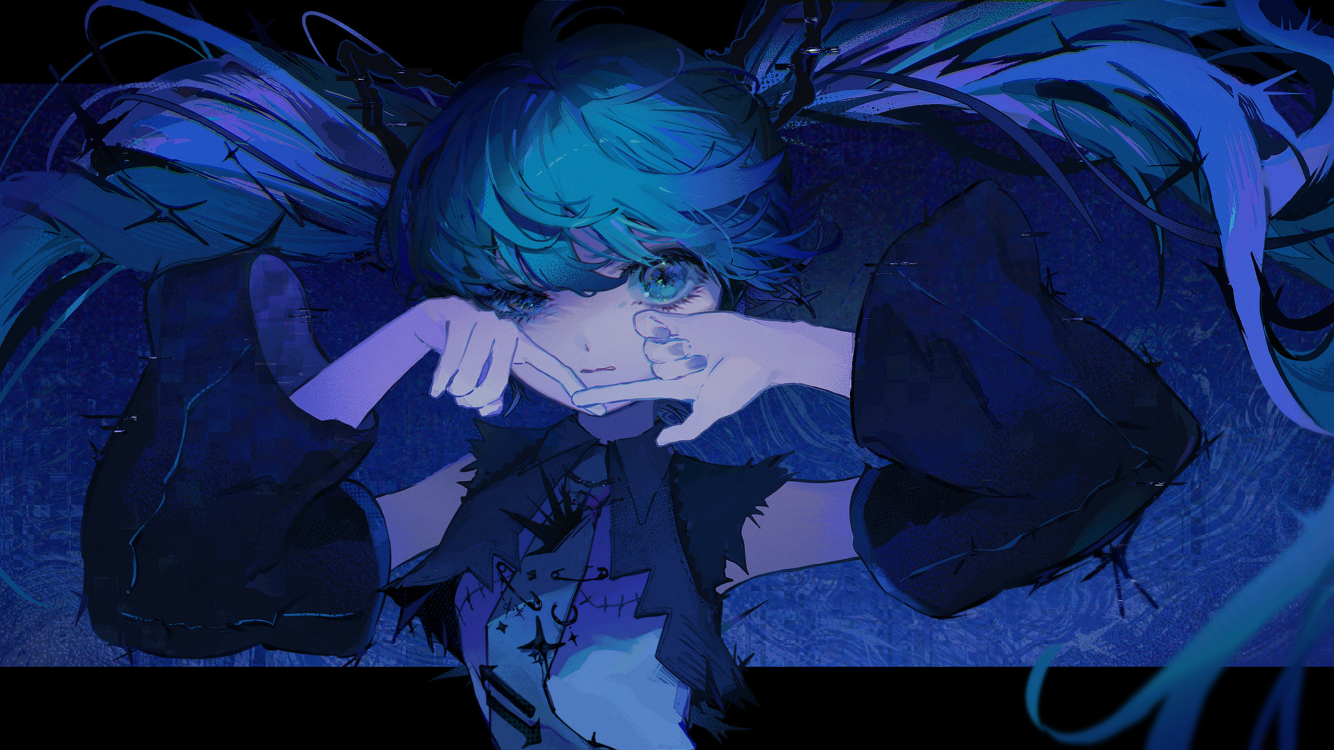 mawarusanso, hatsune miku, vocaloid, commentary request, highres, 1girl, blue background, blue eyes, blue hair, closed mouth, detached sleeves, letterboxed, long hair, looking at viewer, messy hair, necktie, patchwork clothes, safety pin, solo, torn clothes, torn sleeves, twintails, upper body, very long hair