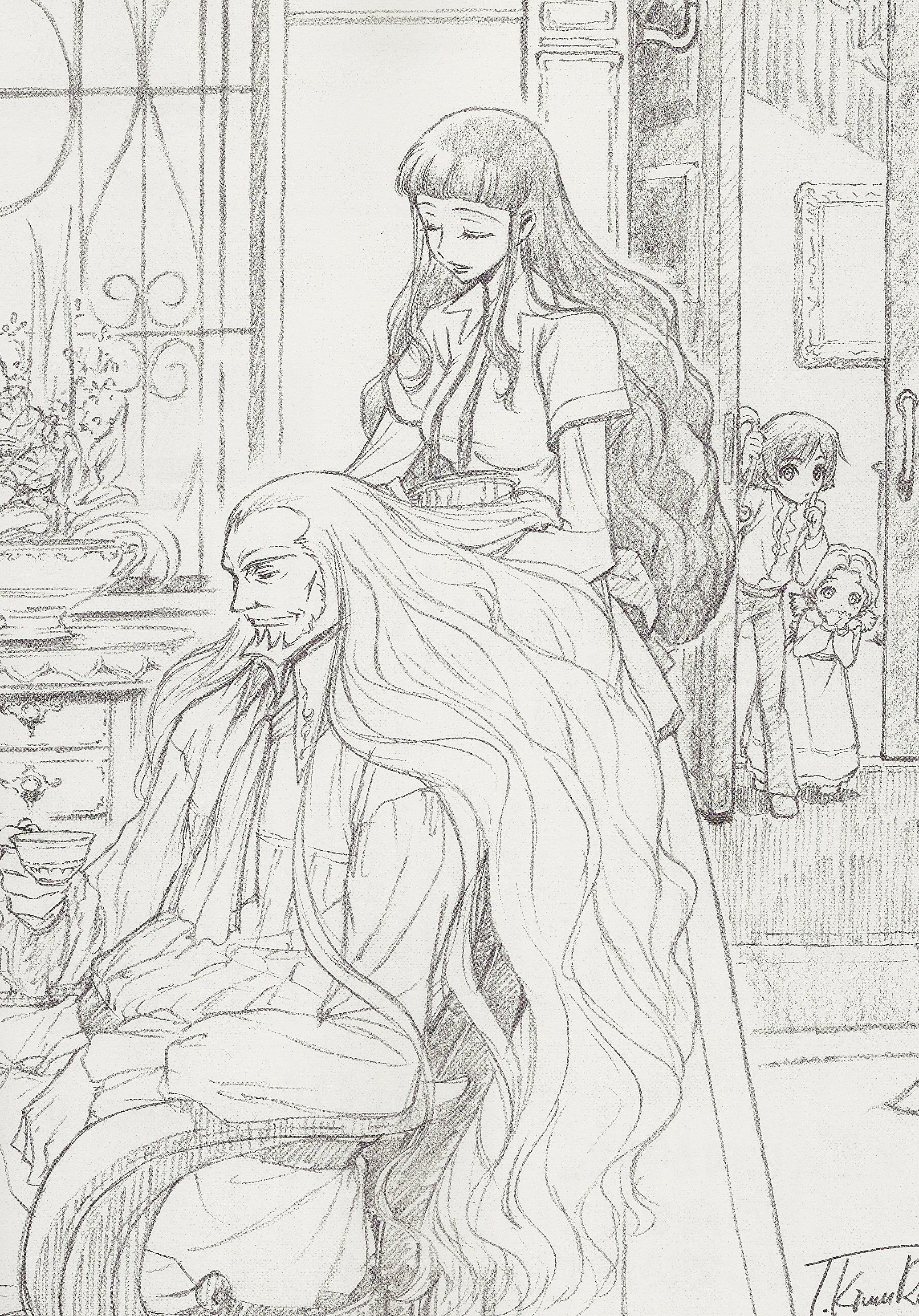 kimura takahiro, charles zi britannia, lelouch vi britannia, marianne vi britannia, nunnally vi britannia, code geass, absurdres, highres, 00s, 2boys, 2girls, aged down, beard, brother and sister, brushing hair, child, cup, facial hair, family, father and daughter, father and son, finger to mouth, greyscale, hair brush, long hair, monochrome, mother and daughter, mother and son, multiple boys, multiple girls, shushing, siblings, sitting, teacup, very long hair