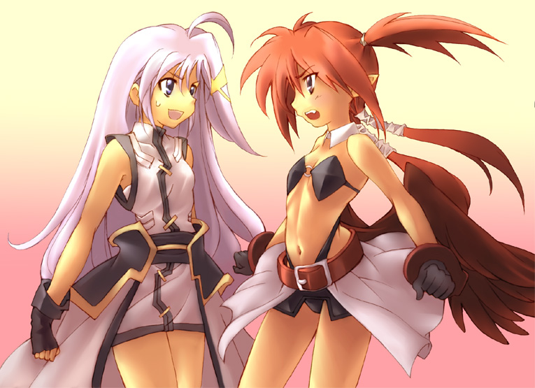 kouno hikaru, agito, agito (nanoha), reinforce zwei, lyrical nanoha, mahou shoujo lyrical nanoha, mahou shoujo lyrical nanoha strikers, silver hair, bad id, bad pixiv id, 00s, 2girls, belt, demon girl, eye contact, fingerless gloves, flat chest, gloves, long hair, looking at another, multiple girls, open mouth, pointy ears, quad tails, red hair, sleeveless, wings
