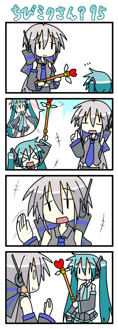 minami (colorful palette), chibi miku, hatsune miku, yowane haku, vocaloid, long image, tall image, > <, 0 0, 2girls, 4koma, :t, aqua hair, chibi, closed eyes, comic, multiple girls, silent comic, transformation, twintails, wand, | |