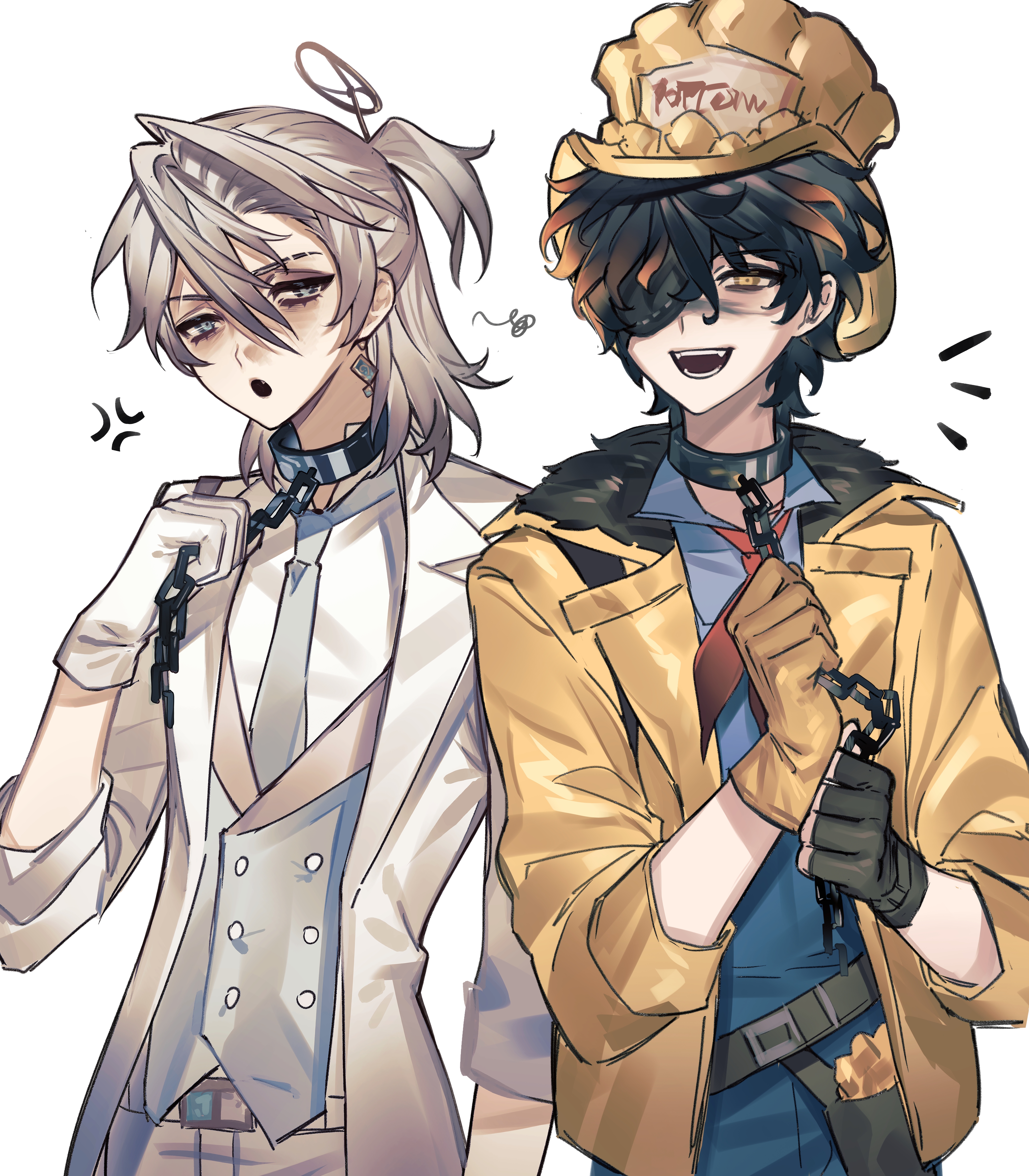 florian brand, florian brand ("puffing"), luca balsa, luca balsa (paranormal detective), identity v, absurdres, highres, 2boys, :d, :o, anger vein, asymmetrical gloves, black gloves, black hair, blonde hair, blue eyes, blue overalls, coat, collar, colored tips, eyepatch, fangs, fingerless gloves, fur-trimmed jacket, fur trim, gloves, grey necktie, half updo, hat, jacket, looking at viewer, lower eyelashes only, male focus, medium hair, metal collar, mismatched gloves, multicolored hair, multiple boys, neckerchief, necktie, one eye covered, open mouth, overalls, ponytail, pulling own clothes, red neckerchief, shirt, short hair, short ponytail, smile, wavy hair, white coat, white gloves, white shirt, xinjinjumin136366469206, yellow eyes, yellow gloves, yellow hat, yellow jacket