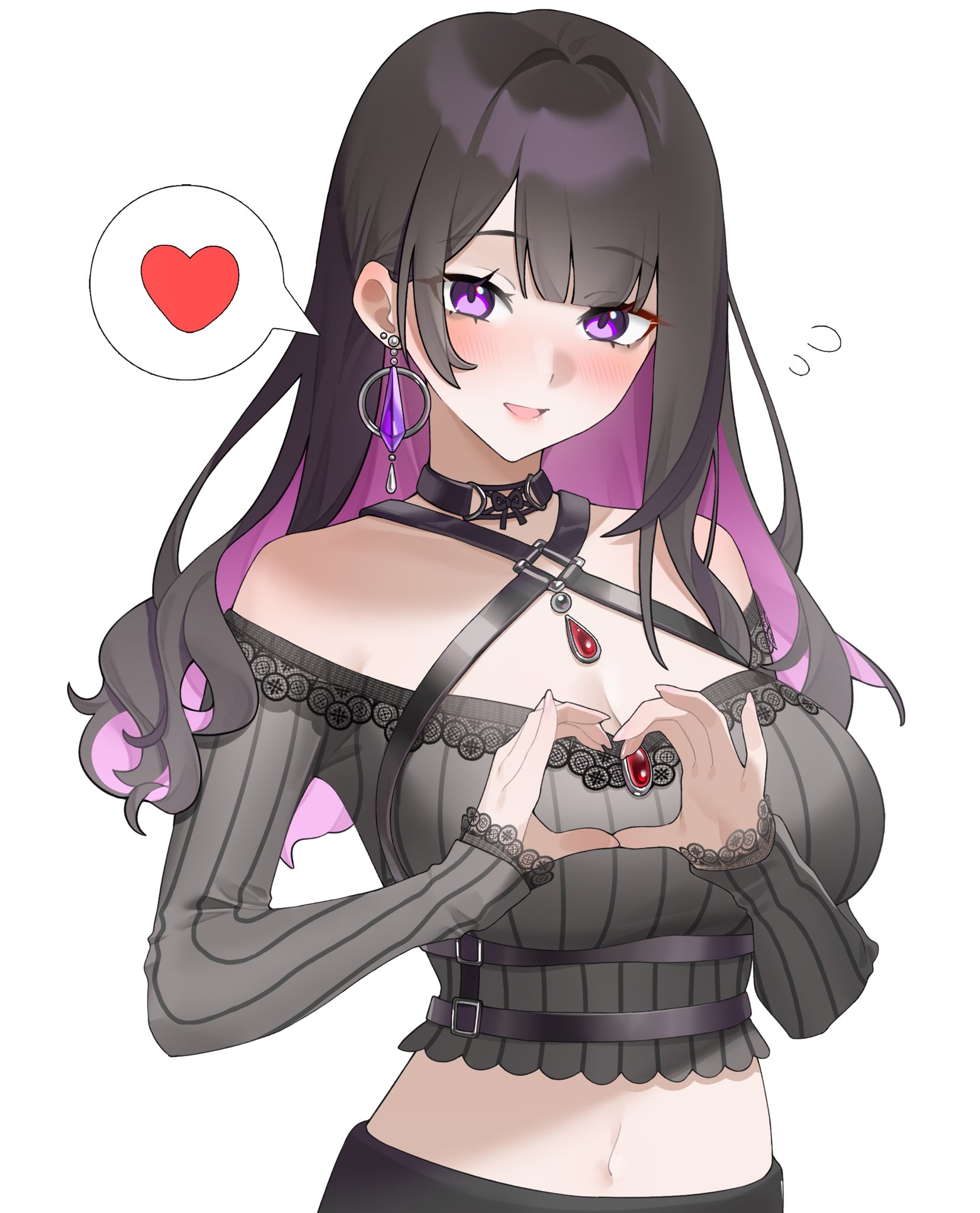 koinoya mai, highres, 1girl, black hair, blush, breasts, chest harness, cleavage, colored inner hair, earrings, flying sweatdrops, harness, heart, heart hands, jewelry, jiangyan sayaka, long hair, long sleeves, midriff, multicolored hair, navel, off shoulder, open mouth, purple eyes, purple hair, ribbed shirt, shirt, smile, solo, spoken heart, virtual youtuber, vkano, white background