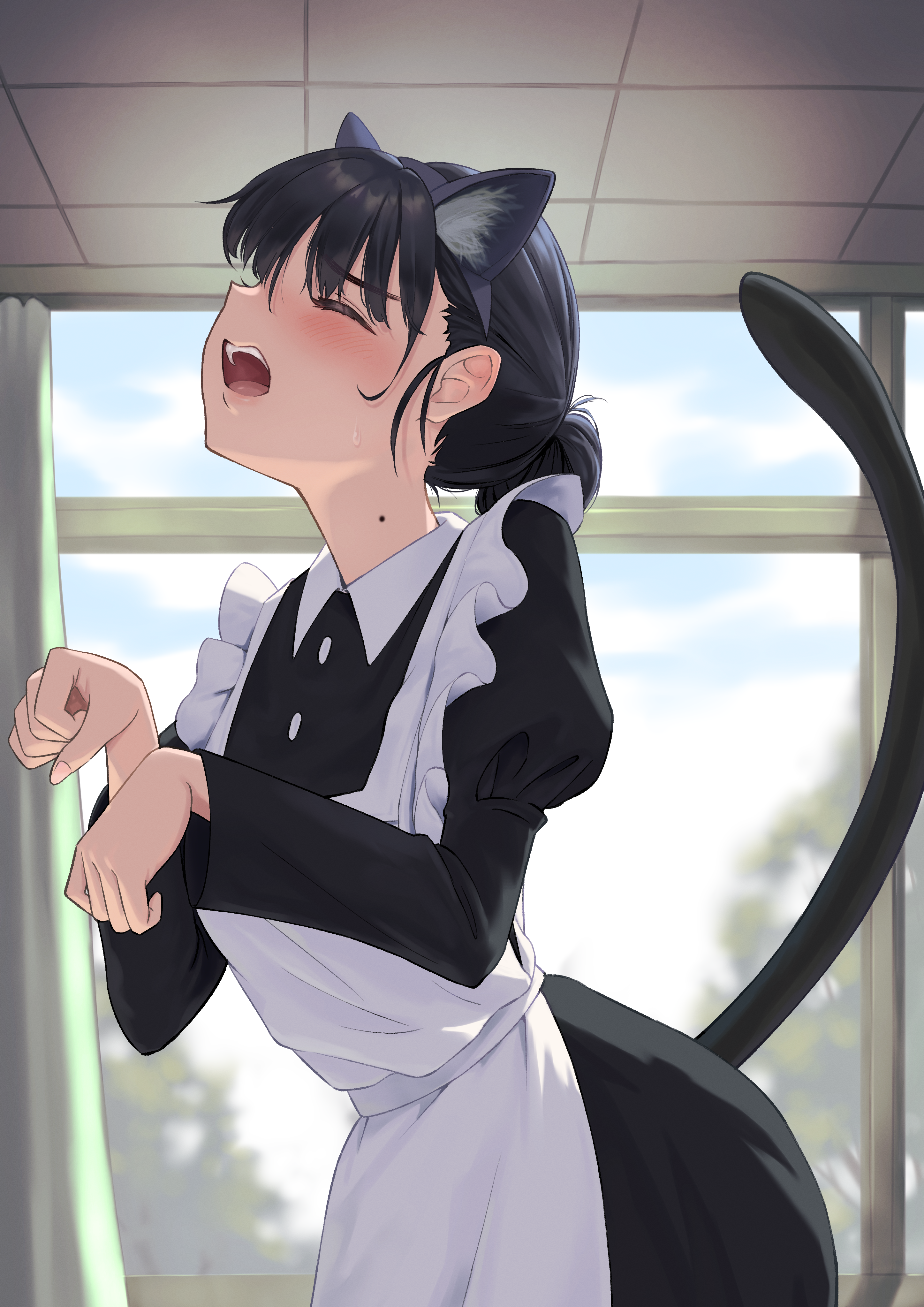 hyakusyo69, basori tiara, make heroine ga oo sugiru!, absurdres, commentary request, highres, 1girl, animal ear fluff, animal ear hairband, animal ears, apron, black dress, black hair, blush, cat ear hairband, cat ears, cat tail, closed eyes, dress, fake animal ears, frilled apron, frills, from side, hair bun, hairband, indoors, long sleeves, maid, maid apron, mole, mole on neck, official alternate costume, open mouth, paw pose, solo, tail, white apron, window
