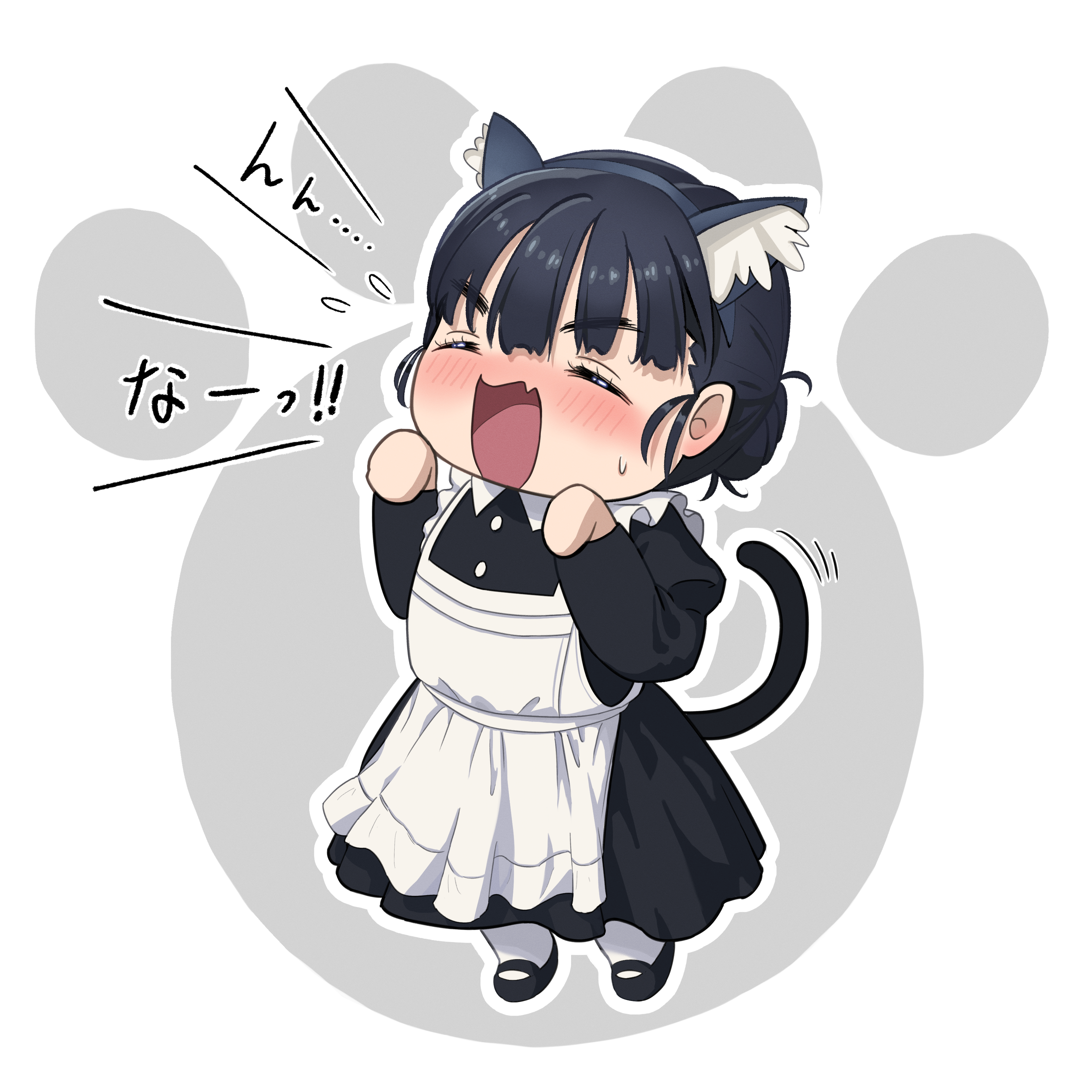 hyakusyo69, basori tiara, make heroine ga oo sugiru!, absurdres, commentary request, highres, 1girl, animal ear fluff, animal ear hairband, animal ears, apron, black dress, black hair, black shoes, blush, cat ear hairband, cat ears, cat tail, chibi, chibi only, closed eyes, dress, fake animal ears, frilled apron, frills, from side, full body, hair bun, hairband, long sleeves, maid, maid apron, mole, mole on neck, nyan, official alternate costume, open mouth, outline, paw pose, paw print, paw print background, shoes, simple background, solo, tail, white apron, white background, white outline