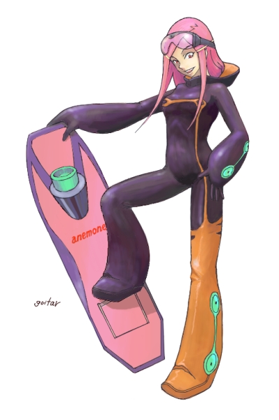 anemone (eureka seven), eureka seven, eureka seven (series), 00s, 1girl, bodysuit, female focus, goggles, hair ornament, hairclip, long hair, pink hair, simple background, solo, white background