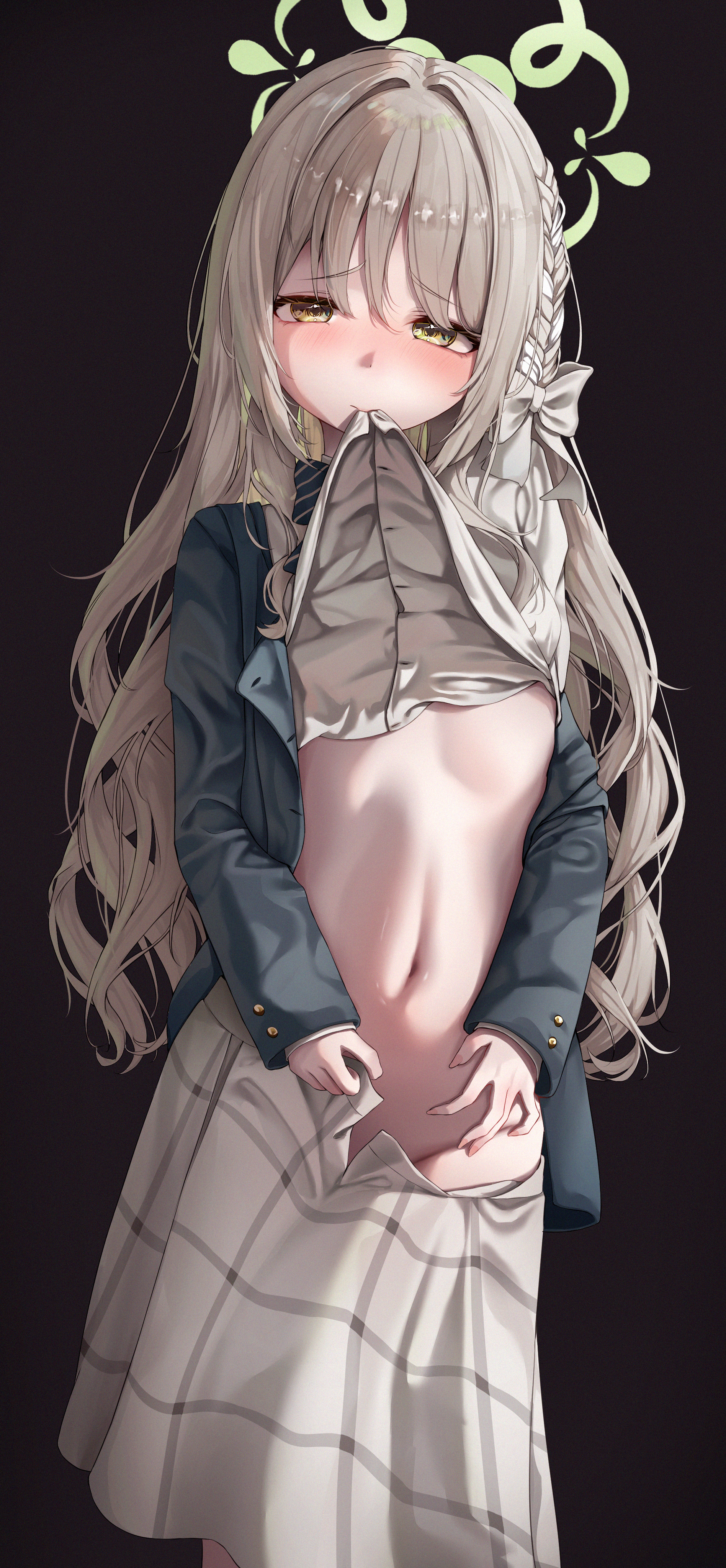 ramuneru, miyo (blue archive), blue archive, absurdres, commentary request, highres, 1girl, black background, black bow, black bowtie, black jacket, blush, bow, bowtie, braid, breasts, closed mouth, clothes in mouth, clothes lift, clothes pull, diagonal-striped bow, diagonal-striped bowtie, diagonal-striped clothes, green halo, grey bow, grey hair, grey shirt, grey skirt, groin, hair between eyes, hair bow, hair ribbon, halo, jacket, lifting own clothes, long hair, long sleeves, looking at viewer, mouth hold, navel, no bra, no panties, open clothes, open jacket, open skirt, pulling own clothes, raised eyebrows, ribbon, ribbon braid, school uniform, shirt, shirt in mouth, shirt lift, side braid, simple background, skirt, skirt pull, sleeves past wrists, small breasts, solo, standing, stomach, striped bow, striped bowtie, striped clothes, very long hair, wavy hair, white ribbon, yellow eyes