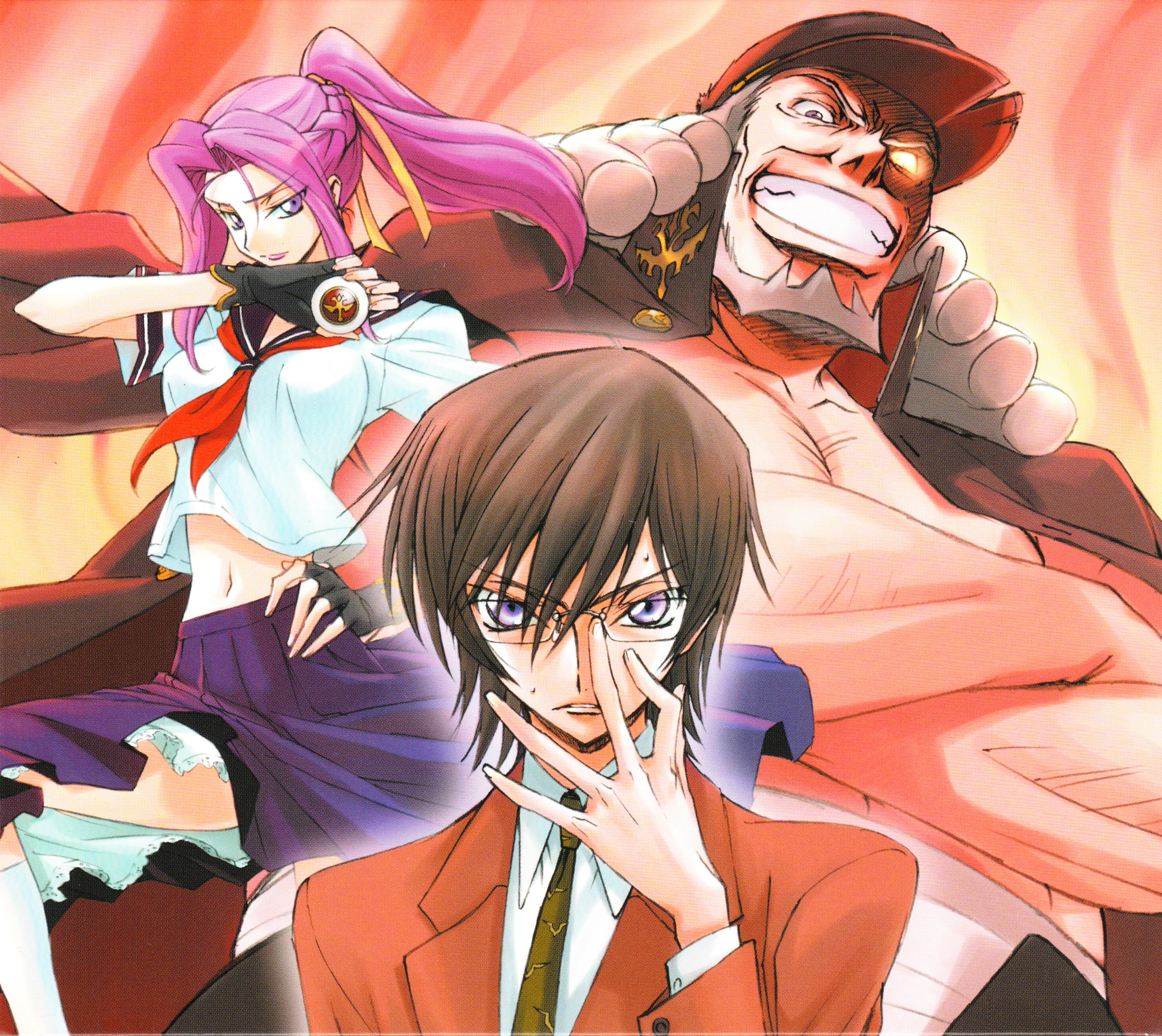 kimura takahiro, ookouchi ricca, charles zi britannia, cornelia li britannia, lelouch vi britannia, code geass, absurdres, highres, huge filesize, scan, 00s, 1girl, 2boys, brown hair, crossed arms, gakuran, glasses, grin, long hair, looking at viewer, midriff, multiple boys, navel, necktie, ponytail, purple eyes, purple hair, school uniform, serafuku, short hair, skirt, smile, socks