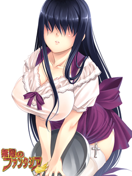 ikeda yasuhiro, mugen no fantasia, lowres, 1girl, apron, blue hair, bow, breasts, cross, female focus, hair over eyes, huge breasts, long hair, simple background, solo, thighhighs, tray