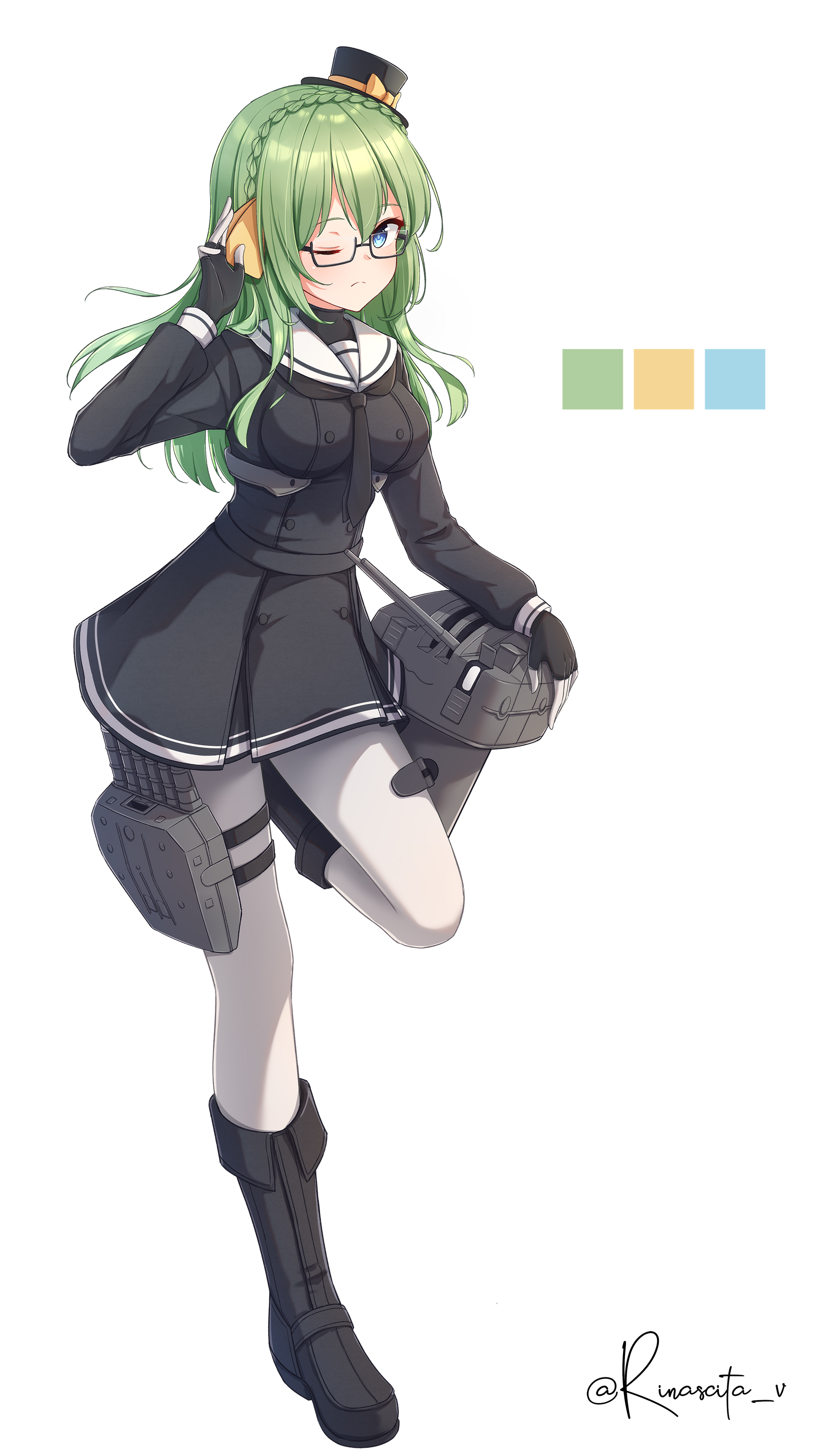 aticsanir, chou-10cm-hou-chan, kantai collection, original, absurdres, commentary request, highres, black boots, black dress, black gloves, blue eyes, blush, boots, bow, breasts, double-parted bangs, dress, fingerless gloves, full body, glasses, gloves, green hair, hair between eyes, hair bow, hand up, hat, hat bow, hat ribbon, long hair, long sleeves, looking at viewer, medium breasts, mini hat, one eye closed, pantyhose, pout, ribbon, semi-rimless eyewear, short dress, sidelocks, simple background, standing, standing on one leg, thigh strap, tilted headwear, top hat, torpedo launcher, twitter username, under-rim eyewear, waving, white background, white pantyhose, yellow bow, yellow ribbon