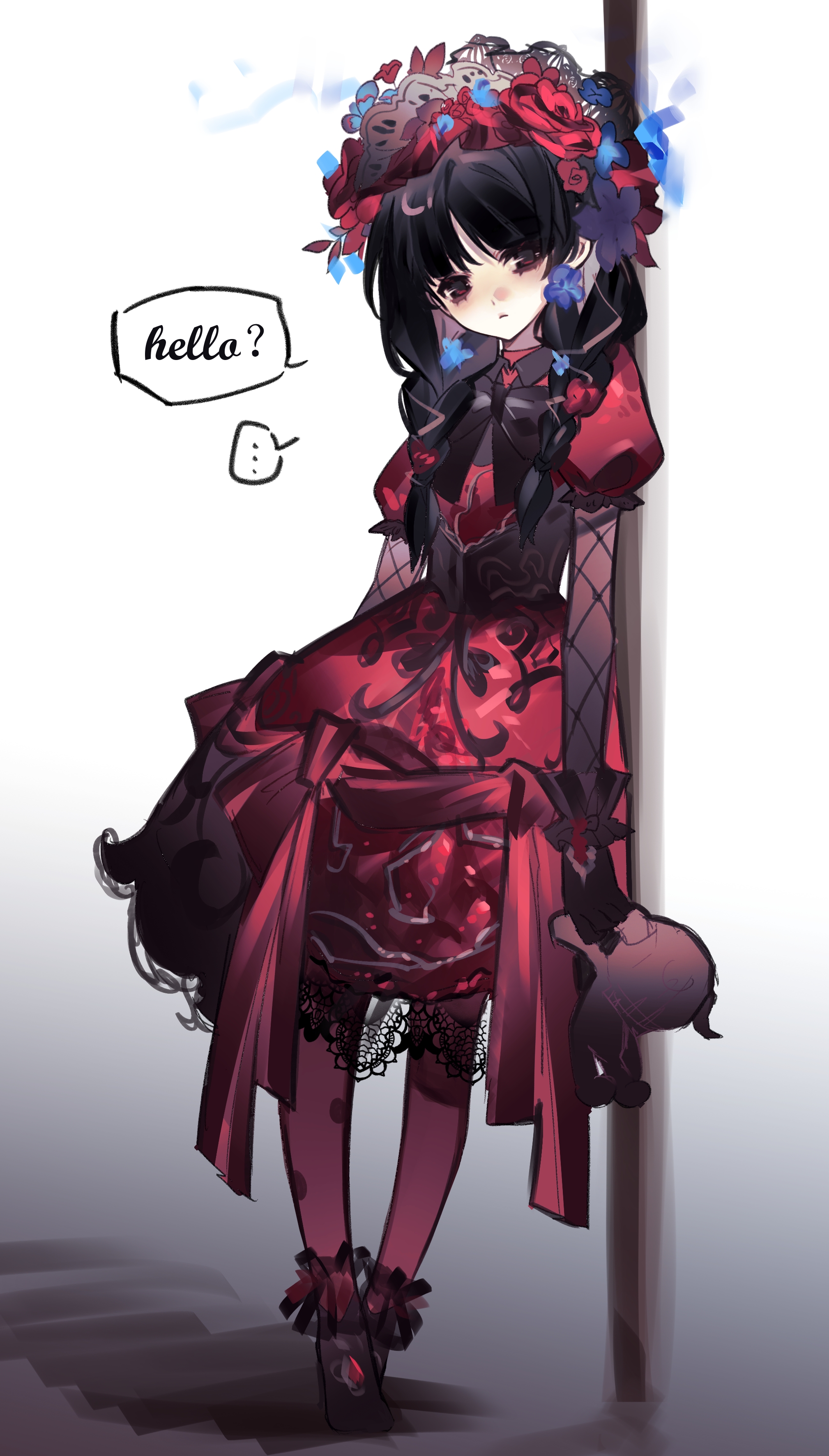 memory (identity v), memory (miss pomegranate plate) (identity v), identity v, absurdres, highres, …, 1girl, black bow, black gloves, black hair, black lace trim, black shoes, black wrist cuffs, blue fire, blue flower, bow, braid, dress, english text, eyebrows hidden by hair, fire, fishnet sleeves, fishnets, flower, gloves, hair flower, hair ornament, hat, hat flower, holding, holding stuffed toy, lace, lace-trimmed dress, lace trim, leaning on object, looking at viewer, pantyhose, puffy sleeves, red dress, red eyes, red flower, red headdress, red pantyhose, shoes, standing, stuffed toy, twin braids, wrist cuffs, xinjinjumin136366469206