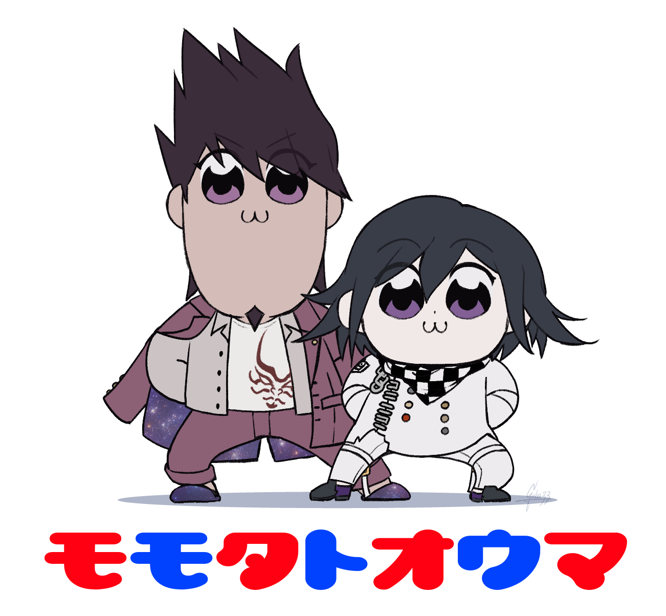 gaba33, momota kaito, oma kokichi, danganronpa (series), danganronpa v3: killing harmony, poptepipic, commentary request, highres, translation request, 2boys, :3, arm belt, belt, belt buckle, black scarf, black shoes, buckle, buttons, chain, checkered clothes, checkered scarf, chibi, closed mouth, coat, coat partially removed, collared coat, collared jacket, crest, dot nose, double-breasted, dress pants, dress shoes, facial hair, flame print, flat color, goatee, grey jacket, hair between eyes, hands on own hips, happy, height difference, jacket, lapels, legs apart, looking at viewer, male focus, multicolored buttons, multicolored shoes, multiple belts, multiple boys, notched lapels, open belt, open clothes, open jacket, pale skin, pants, parody, print shirt, purple coat, purple eyes, purple hair, purple pants, purple shoes, purple slippers, scarf, shadow, shirt, shoes, short hair, simple background, slippers, smile, space print, spiked hair, starry sky print, straight-on, style parody, thigh belt, thigh strap, torn clothes, torn jacket, two-sided coat, two-sided fabric, two-tone scarf, two-tone shoes, white background, white belt, white jacket, white pants, white scarf, white shirt