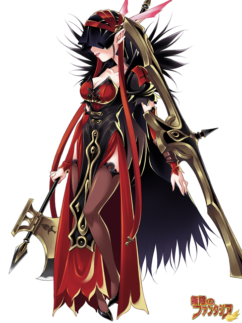 ikeda yasuhiro, mugen no fantasia, 1girl, armor, axe, battle axe, cape, female focus, from side, lipstick, makeup, pointy ears, shield, simple background, solo, standing, thighhighs, warrior, weapon