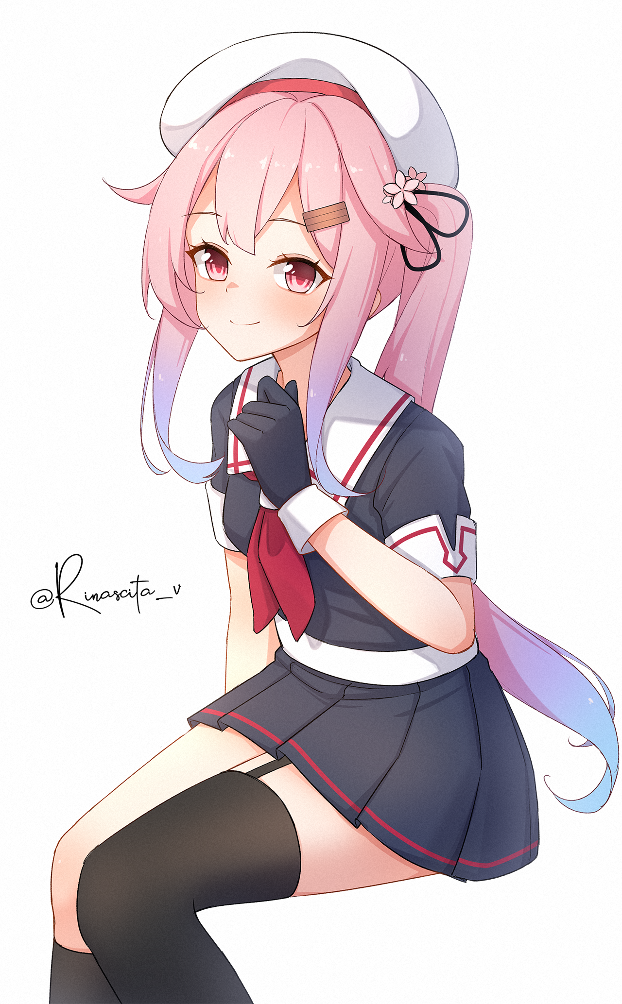 aticsanir, harusame (kancolle), harusame kai ni (kancolle), kantai collection, commentary request, highres, 1girl, beret, black gloves, black serafuku, black skirt, black thighhighs, blue hair, garter straps, gloves, gradient hair, hair flaps, hair ornament, hat, long hair, multicolored hair, neckerchief, one-hour drawing challenge, pink hair, pleated skirt, red eyes, red neckerchief, sailor collar, sailor shirt, school uniform, serafuku, shirt, side ponytail, single garter strap, single thighhigh, skirt, solo, thighhighs, twitter username, white hat, white sailor collar