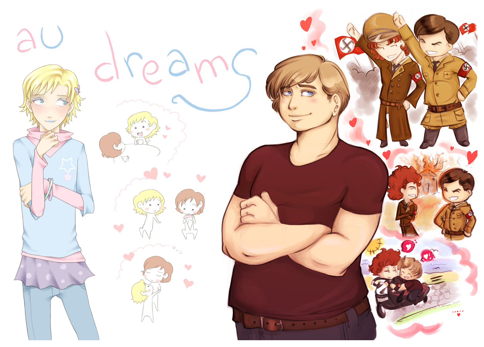 butters stotch, eric cartman, kyle broflovski, south park, vehicle, 2boys, blonde hair, blue eyes, blush, brown hair, couple, crossdressing, crossdressing (mtf), fat, fat man, fire, lipstick, makeup, male focus, motor vehicle, motorcycle, multiple boys, nazi, red hair, trap, yaoi