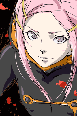 anemone (eureka seven), eureka seven, eureka seven (series), lowres, 00s, 1girl, blood, bodysuit, female focus, grey eyes, hair ornament, hairclip, long hair, pink hair, solo