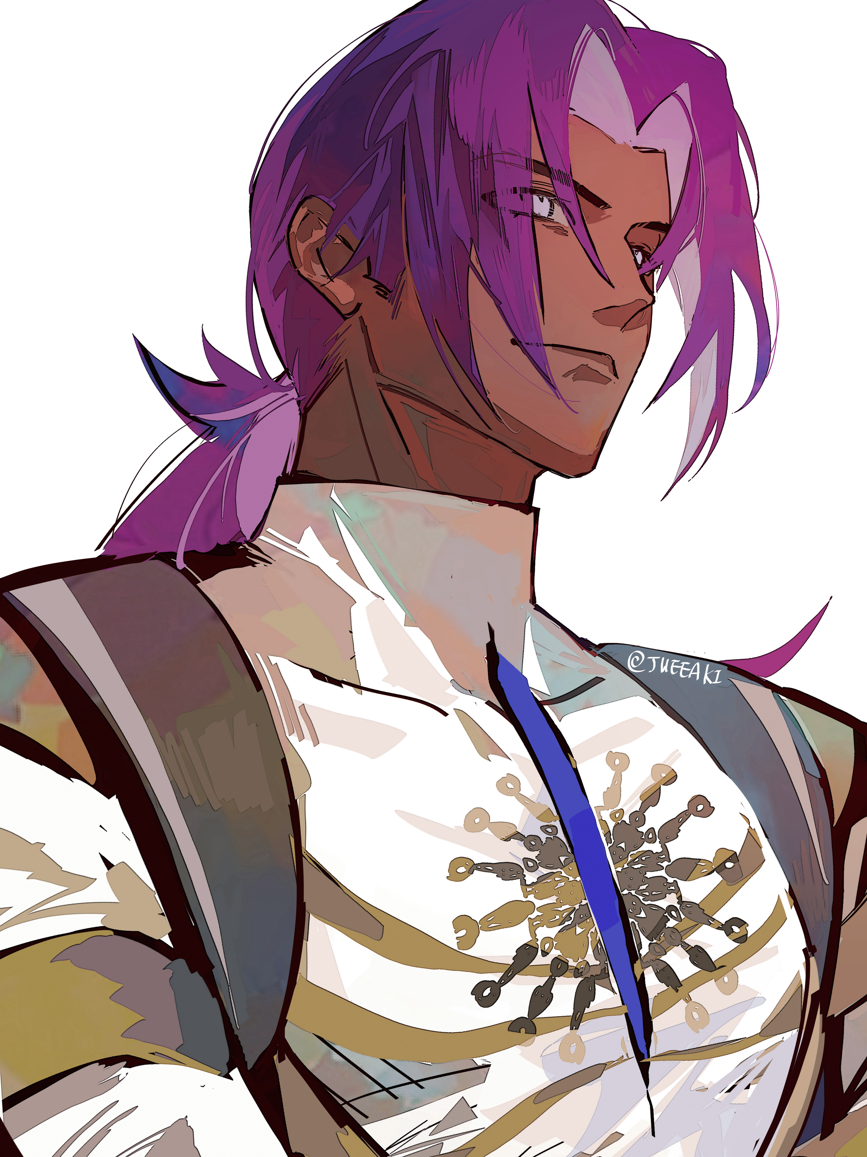 eeju, bhima (fate), fate/grand order, fate (series), absurdres, commentary request, highres, 1boy, closed mouth, dark-skinned male, dark skin, grey eyes, looking ahead, male focus, ponytail, purple hair, shirt, simple background, solo, upper body, white background, white shirt