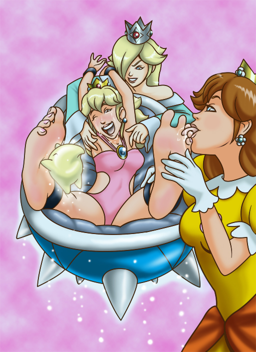 umojar (artist), luma, princess daisy, princess peach, nintendo, super mario bros. 1, super mario galaxy, daisy, rosalina (mario), 3girls, feet, flower, food, fruit, licking, peach, tickling, yuri