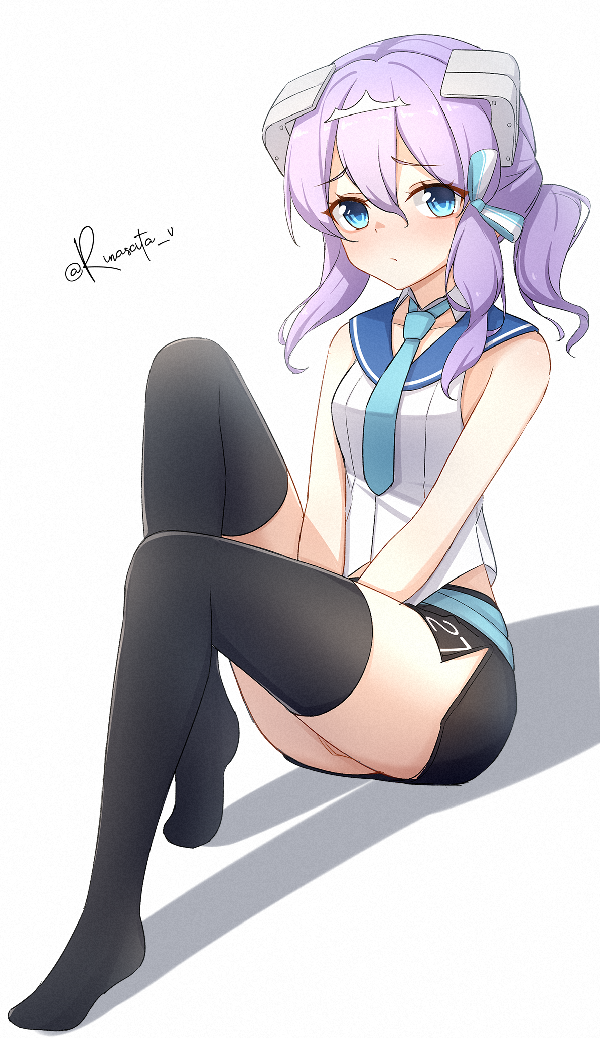 aticsanir, langley (kancolle), kantai collection, commentary request, highres, 1girl, between legs, black skirt, black thighhighs, blue bow, blue eyes, blue necktie, blue sailor collar, blush, bow, clothing cutout, collarbone, detached collar, double-parted bangs, full body, hair between eyes, hair bow, hand between legs, headgear, hip vent, long hair, looking at viewer, necktie, pencil skirt, pout, purple hair, sailor collar, shadow, shirt, side ponytail, sidelocks, simple background, sitting, skirt, sleeveless, sleeveless shirt, solo, thighhighs, twitter username, white background, white shirt