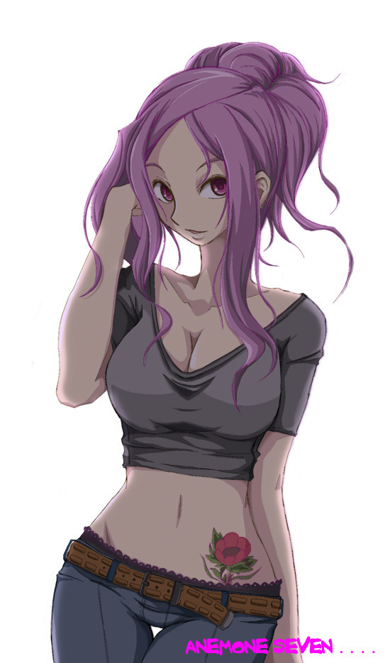 anemone (eureka seven), eureka seven, eureka seven (series), artist request, source request, 00s, 1girl, adjusting hair, aged up, breasts, cleavage, curvy, female focus, flower, groin, lace, lace-trimmed panties, lace trim, large breasts, light smile, midriff, panties, pink hair, ponytail, purple eyes, purple hair, simple background, solo, tattoo, thigh gap, thighs, underwear