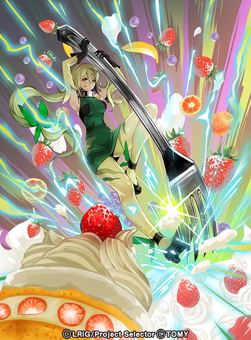 moreshan, mel (wixoss), wixoss, official art, 1girl, armpits, bare shoulders, black gloves, black shoes, cake, copyright notice, detached sleeves, dress, electricity, food, fork, fruit, giant fork, gloves, grapes, green dress, green eyes, green hair, green pantyhose, holding, holding fork, long hair, low-tied long hair, off-shoulder dress, off shoulder, orange (fruit), pantyhose, shoes, solo, strawberry, very long hair