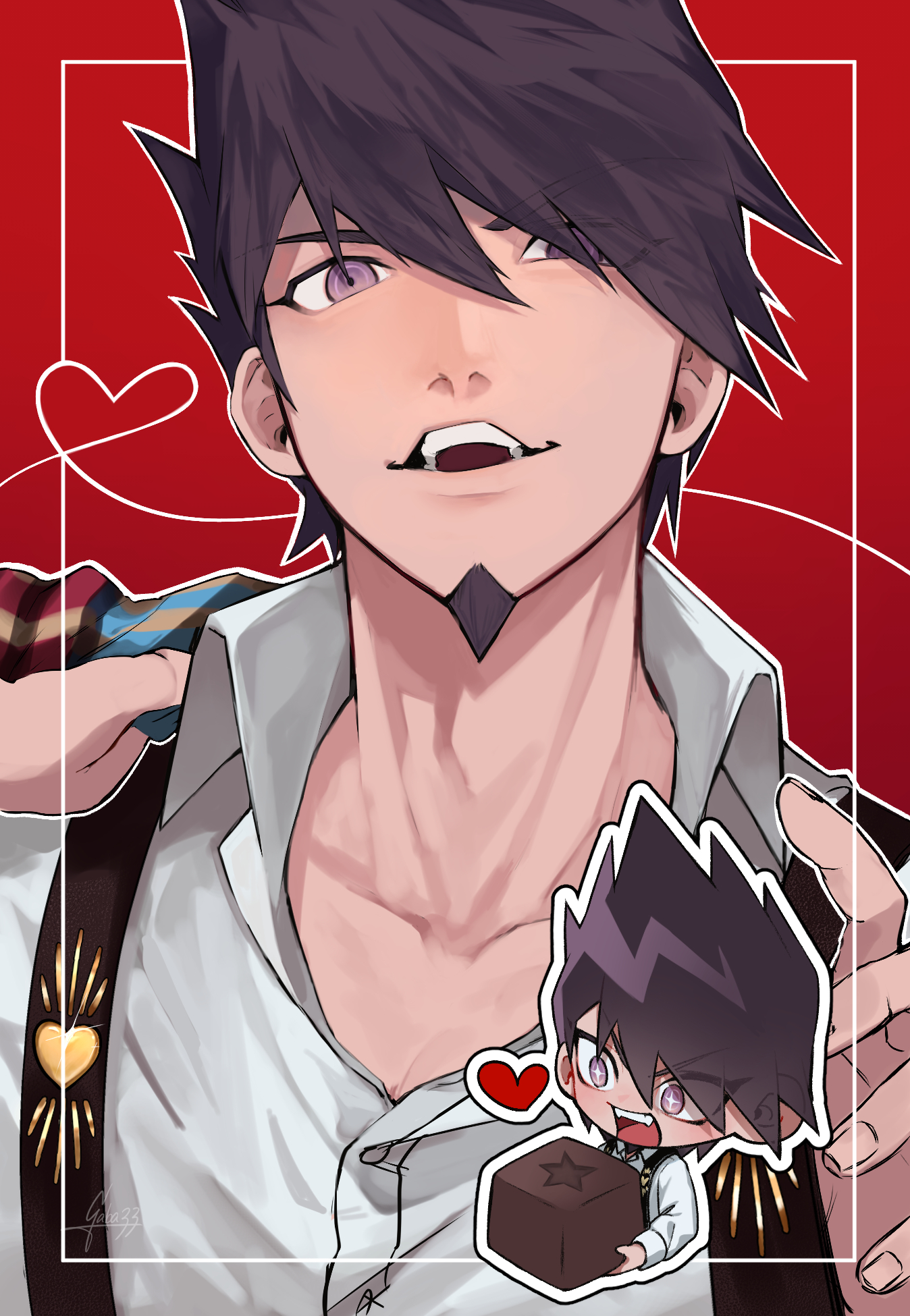 gaba33, momota kaito, danganronpa (series), danganronpa v3: killing harmony, commentary request, highres, 1boy, alternate costume, blue coat, buttons, chibi, chocolate, coat, coat on shoulders, collarbone, collared shirt, dress shirt, facial hair, fingernails, food, goatee, hair between eyes, happy, heart, heart of string, holding, holding coat, holding food, holding unworn clothes, long sleeves, looking at viewer, male focus, multicolored coat, multiple views, nostrils, open mouth, outline, oversized food, oversized object, pectoral cleavage, pectorals, plaid clothes, plaid coat, purple eyes, purple hair, red background, red coat, shirt, short hair, smile, spiked hair, star (symbol), suspenders, teeth, two-tone coat, unworn coat, upper body, white outline, white shirt