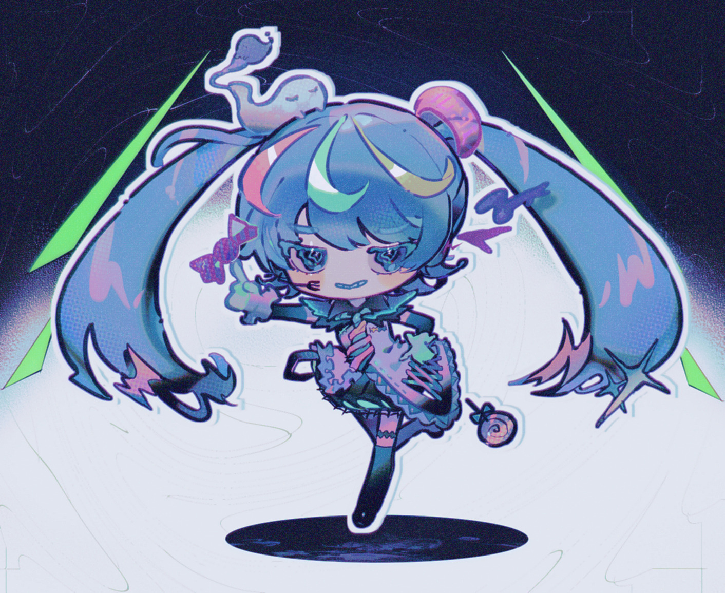 mawarusanso, hatsune miku, vocaloid, commentary, 1girl, black thighhighs, blue eyes, blue hair, candy, chibi, chibi only, detached sleeves, food, full body, ghost, grey shirt, grin, lollipop, long hair, multicolored hair, necktie, shirt, smile, solo, streaked hair, striped necktie, thighhighs, twintails