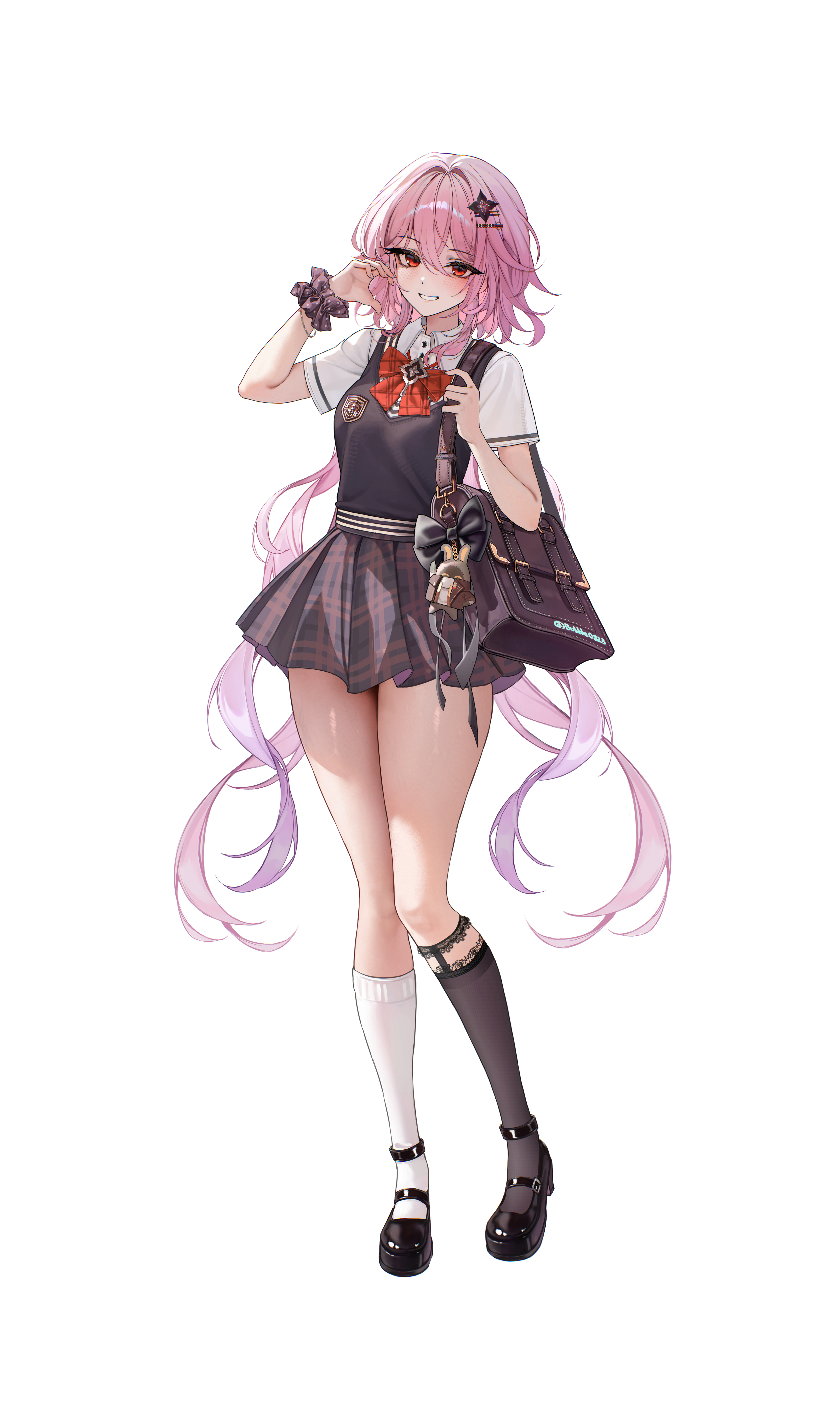 bubble99, bangboo (zenless zone zero), evernight (honkai: star rail), march 7th (honkai: star rail), honkai: star rail, honkai (series), zenless zone zero, absurdres, commentary request, highres, korean commentary, 1girl, alternate costume, bag, black flower, black sweater vest, blush, bow, bowtie, breasts, flower, grin, hair between eyes, hair flower, hair ornament, hairclip, long hair, miniskirt, official alternate eye color, parallel hairclips, pink hair, red bow, red bowtie, red eyes, school uniform, shirt, shoulder bag, skirt, smile, sweater vest, thighs, very long hair, white background, white shirt