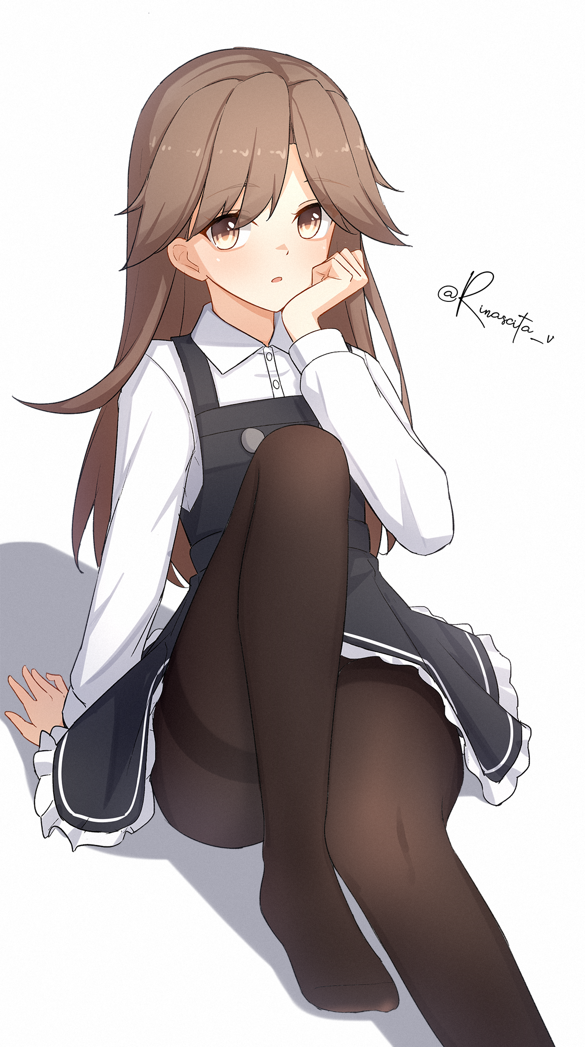 aticsanir, arashio (kancolle), arashio kai ni (kancolle), kantai collection, highres, 1girl, black dress, black pantyhose, blush, brown eyes, brown hair, buttons, dress, frilled dress, frills, long hair, long sleeves, looking at viewer, open mouth, pantyhose, pinafore dress, school uniform, shadow, shirt, simple background, sitting, sleeveless, sleeveless dress, smile, solo, white background, white shirt