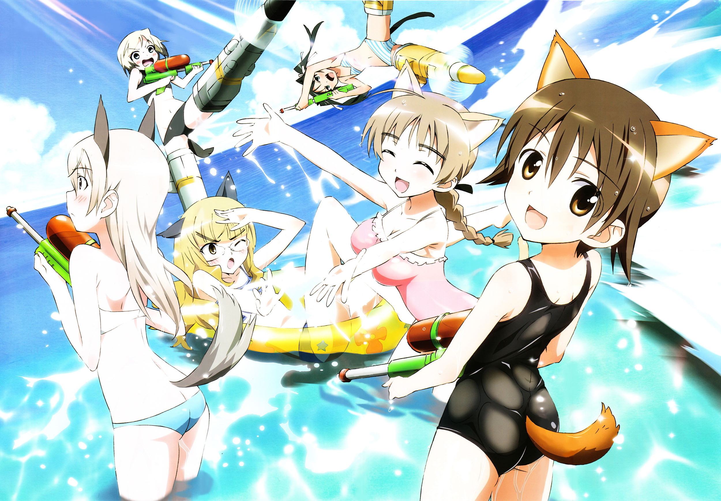 yamaguchi satoshi, eila ilmatar juutilainen, erica hartmann, francesca lucchini, lynette bishop, miyafuji yoshika, perrine h. clostermann, megami magazine, strike witches, world witches series, frilled swimsuit, light brown hair, silver hair, highres, official art, scan, 00s, 6+girls, ;o, ^ ^, ahoge, angry, animal ears, arm up, armpits, ass, back, battle, bikini, black bikini, black hair, blonde hair, blue eyes, blue sky, blush, braid, breasts, brown eyes, brown hair, butt crack, casual one-piece swimsuit, cat ears, cat tail, chestnut mouth, cleavage, closed eyes, cloud, covering face, covering privates, day, dog ears, dog tail, fang, firing, flat chest, flying, fox ears, fox tail, frills, from side, green eyes, hair between eyes, hair ribbon, happy, holding, innertube, large breasts, light rays, loli, long hair, looking at viewer, looking back, low twintails, lowleg, lowleg bikini, lying, motion blur, multicolored hair, multiple girls, ocean, one-piece swimsuit, one eye closed, open mouth, outdoors, outstretched arm, outstretched arms, panther ears, panther tail, parted bangs, pink one-piece swimsuit, profile, propeller, reclining, ribbon, scrunchie, short hair, single braid, sky, splashing, sports bikini, spread legs, standing, striker unit, striped bikini, striped clothes, sunbeam, sunlight, swim ring, swimsuit, tail, transparent, twintails, two-tone hair, wading, water, water gun, wavy hair, wet, wet hair, wide hips, yellow eyes
