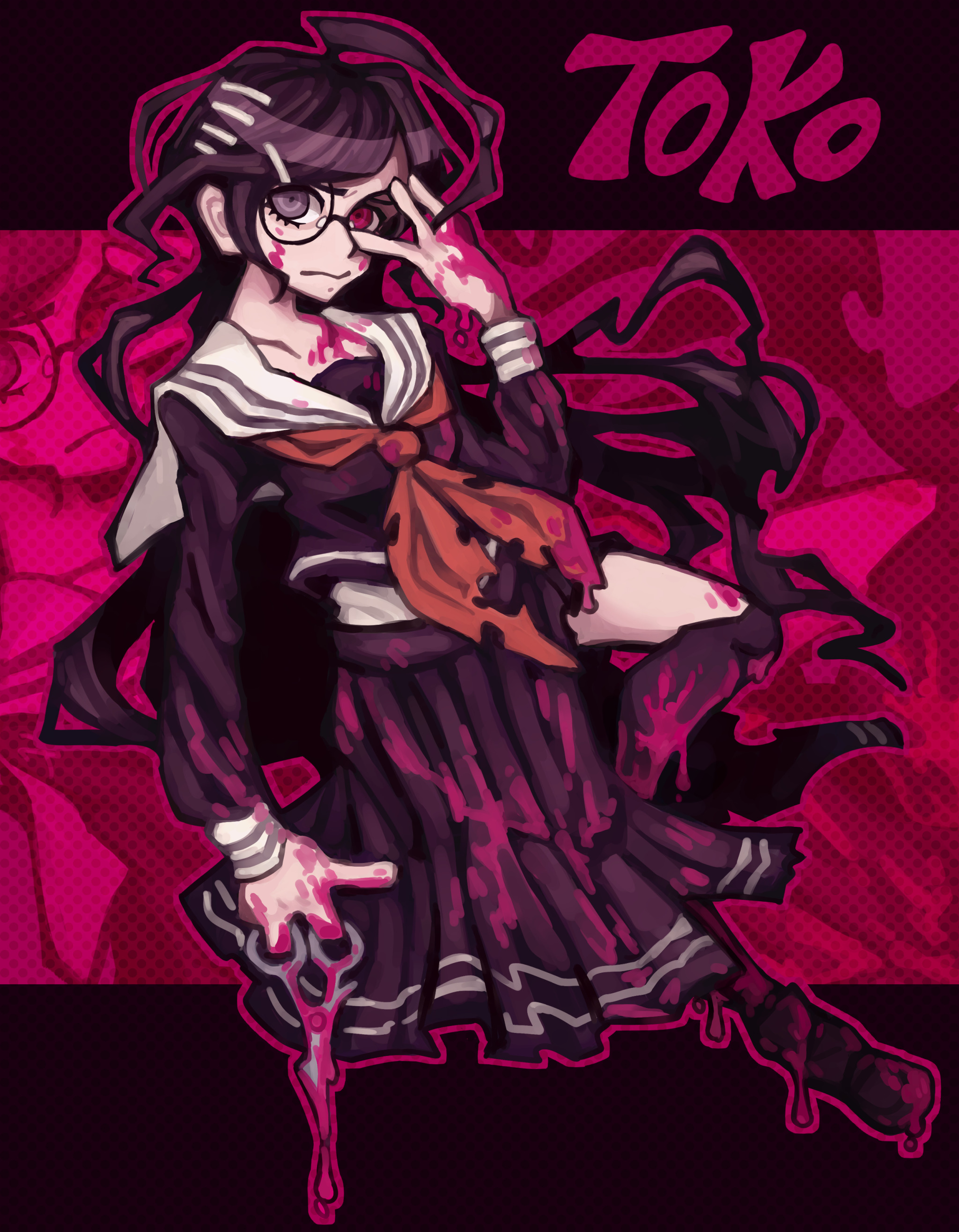 the noodle (onebadnoodle), fukawa toko, danganronpa (series), danganronpa another episode: ultra despair girls, absurdres, commentary, highres, symbol-only commentary, blood, blood drip, blood on clothes, blood on face, blood on hands, character name, closed mouth, collared shirt, eyelashes, full body, glasses, hair ornament, hairclip, heterochromia, holding, holding scissors, long hair, messy hair, neckerchief, outline, pink blood, pink outline, purple eyes, purple hair, purple serafuku, purple shirt, purple skirt, red eyes, red neckerchief, round eyewear, sailor collar, school uniform, scissors, serafuku, shirt, skirt, skirt set, torn clothes, torn neckerchief, torn skirt, white sailor collar