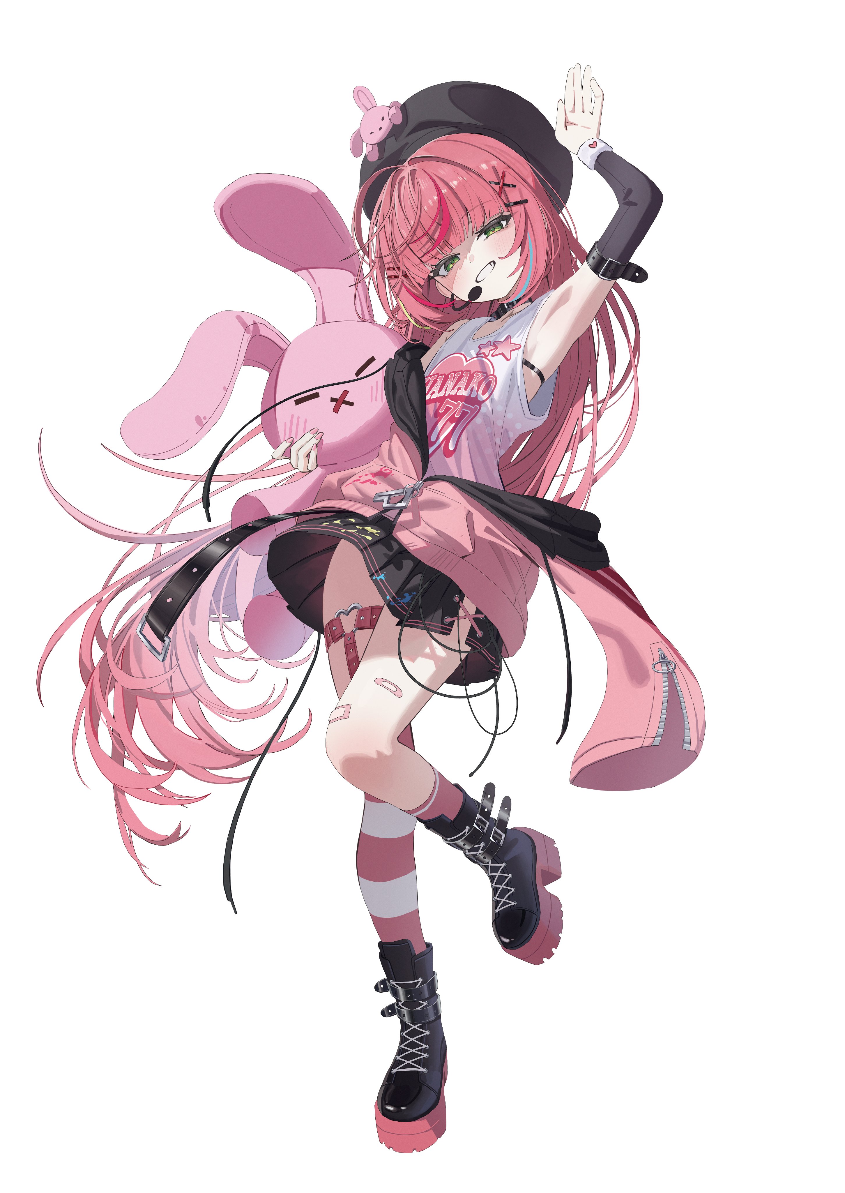mirrorapo yemp, hanako nana, stellive, absurdres, highres, 1girl, armpits, asymmetrical legwear, black boots, black hat, black skirt, boots, full body, green eyes, hand up, hat, jacket, knee boots, long hair, looking at viewer, multicolored hair, open clothes, open jacket, open mouth, pink hair, shirt, simple background, skirt, smile, socks, solo, standing, streaked hair, striped clothes, striped socks, striped thighhighs, thigh strap, thighhighs, uneven legwear, very long hair, virtual youtuber, white background, white shirt