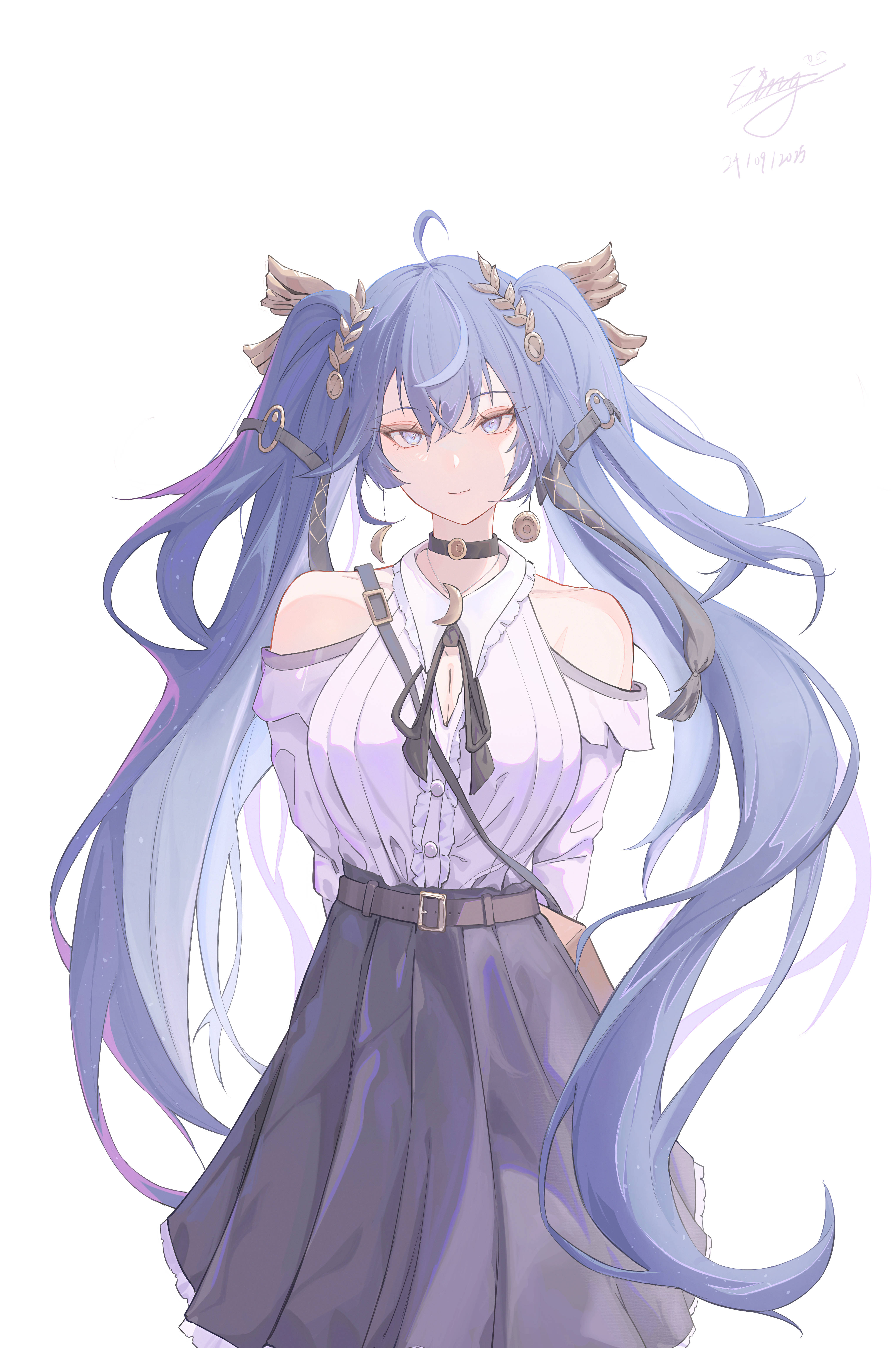 zing (zingart), iuno (wuthering waves), wuthering waves, absurdres, commentary request, highres, partial commentary, 1girl, ahoge, alternate costume, arms behind back, bare shoulders, belt, black skirt, blue eyes, blue hair, breasts, center frills, cleavage, closed mouth, cowboy shot, earrings, frills, hair belt, jewelry, laurel crown, long hair, looking at viewer, medium breasts, purple shirt, shirt, skirt, smile, solo, twintails, very long hair