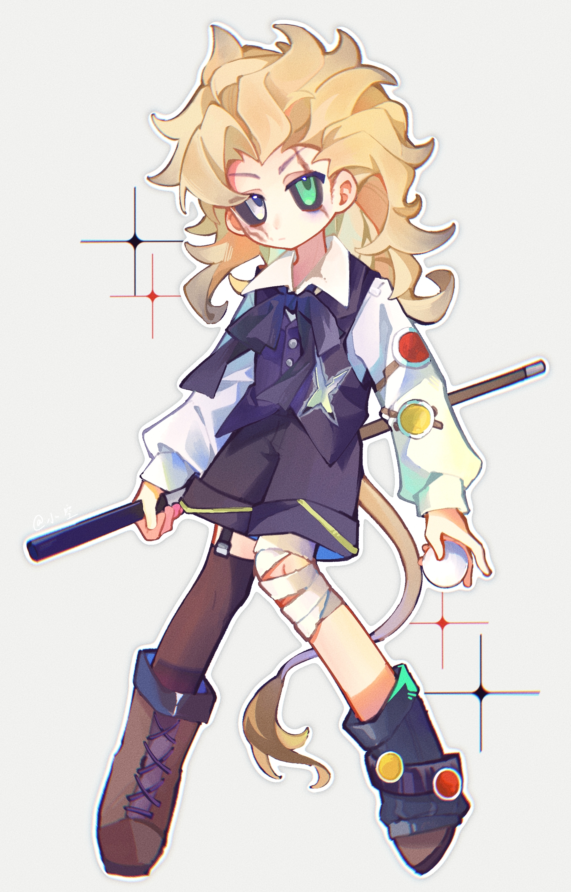 identity v, absurdres, highres, 1boy, ball, bandaged leg, bandages, billiard ball, black bow, black leg warmers, black sclera, black thighhighs, black vest, blonde hair, boots, bow, brown boots, colored sclera, curly hair, frown, furrowed brow, green eyes, grey eyes, heterochromia, knees together feet apart, leg warmers, legwear garter, lion tail, long hair, looking at viewer, male focus, marcus thorne, puffy sleeves, scar, scar on face, shirt, single leg warmer, single legwear garter, single thighhigh, tail, thighhighs, vest, wavy hair, white shirt, xikong783