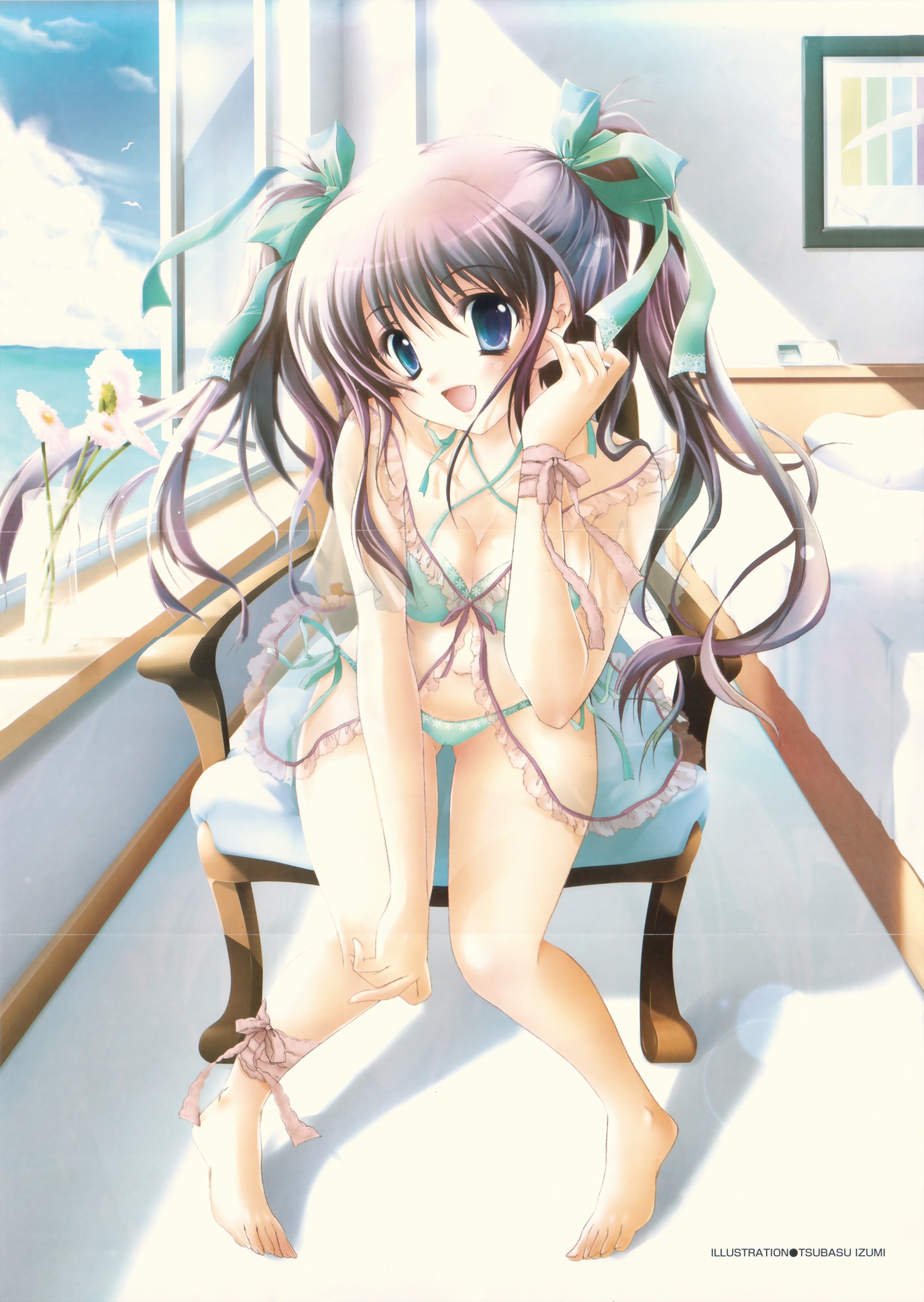 izumi tsubasu, highres, scan, 1girl, bikini, bird, blue eyes, blush, breasts, cleavage, cloud, day, fang, feet, hair ribbon, long hair, medium breasts, ocean, open mouth, purple hair, ribbon, side-tie bikini bottom, sitting, sky, smile, swimsuit, toes, window