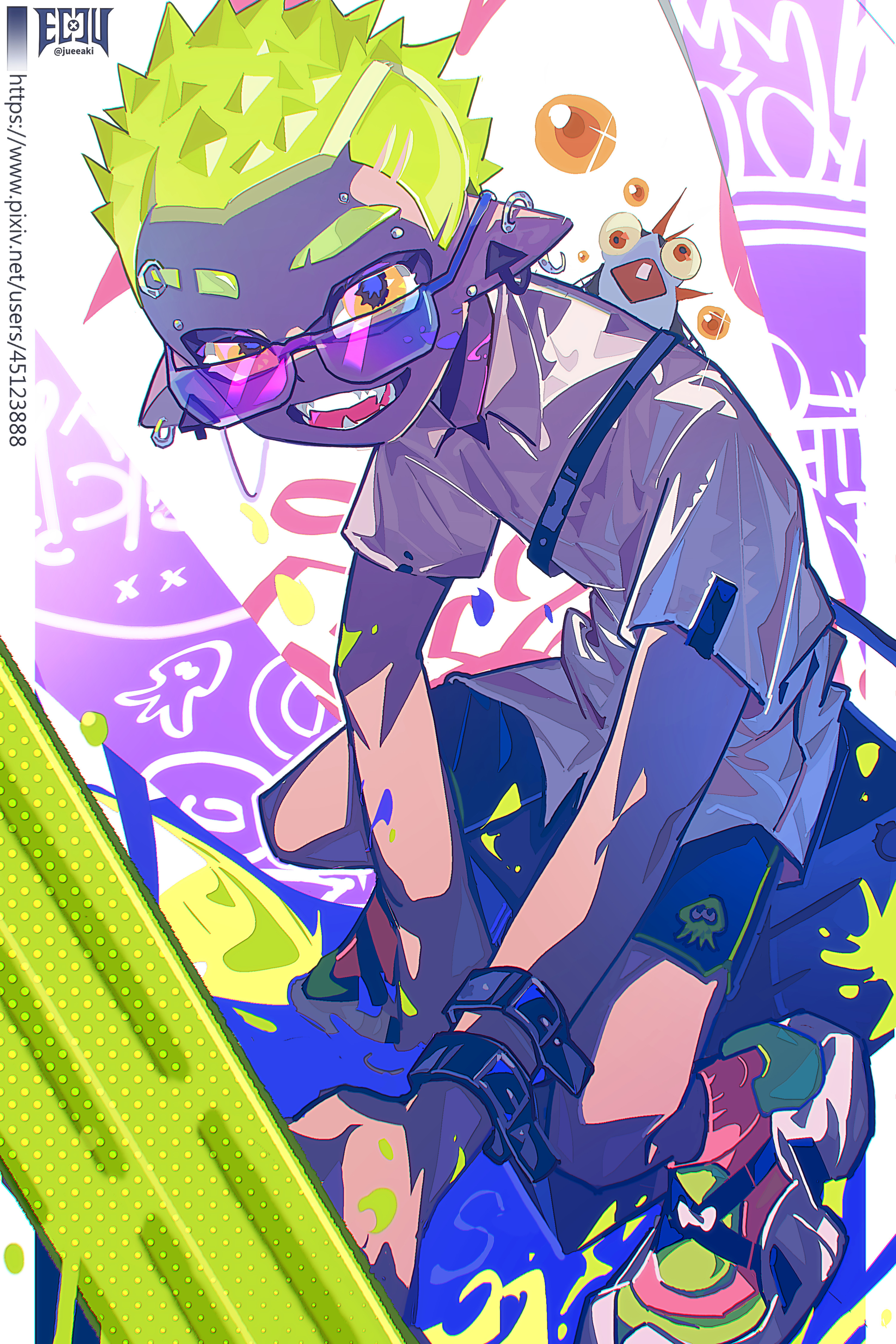 eeju, inkling boy, inkling player character, smallfry (splatoon), nintendo, splatoon (series), splatoon 3, absurdres, commentary, highres, symbol-only commentary, 1boy, black shorts, earrings, holding, holding weapon, inkling, jewelry, looking at viewer, male focus, open mouth, orange eyes, purple-tinted eyewear, rectangular eyewear, salmonid, sharp teeth, shoes, short hair, short sleeves, shorts, sneakers, solo, spiked hair, teeth, tinted eyewear, very short hair, weapon