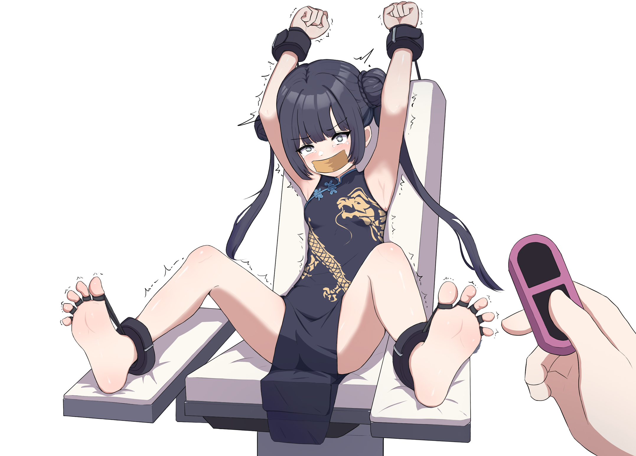 mimoun, kisaki (blue archive), blue archive, highres, 1boy, 1girl, barefoot, black hair, bound, breasts, china dress, chinese clothes, double bun, dress, gag, grabber tool, hair bun, improvised gag, restrained, simple background, sitting, small breasts, tape, tape gag, tied up (nonsexual), twintails, white background